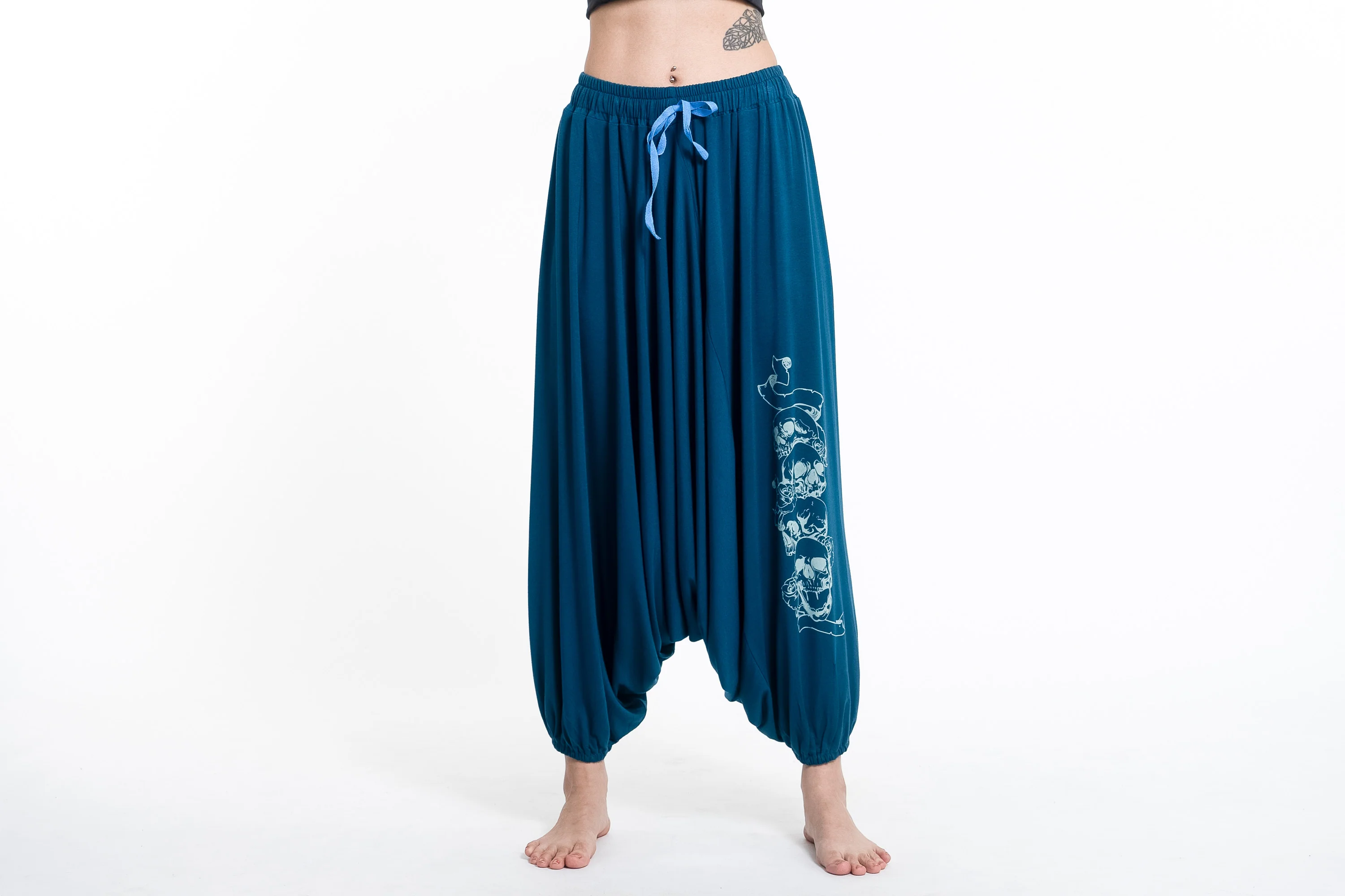 Skulls Print Drawstring Low Cut Harem Pants Cotton Spandex in Turquoise - Image 2