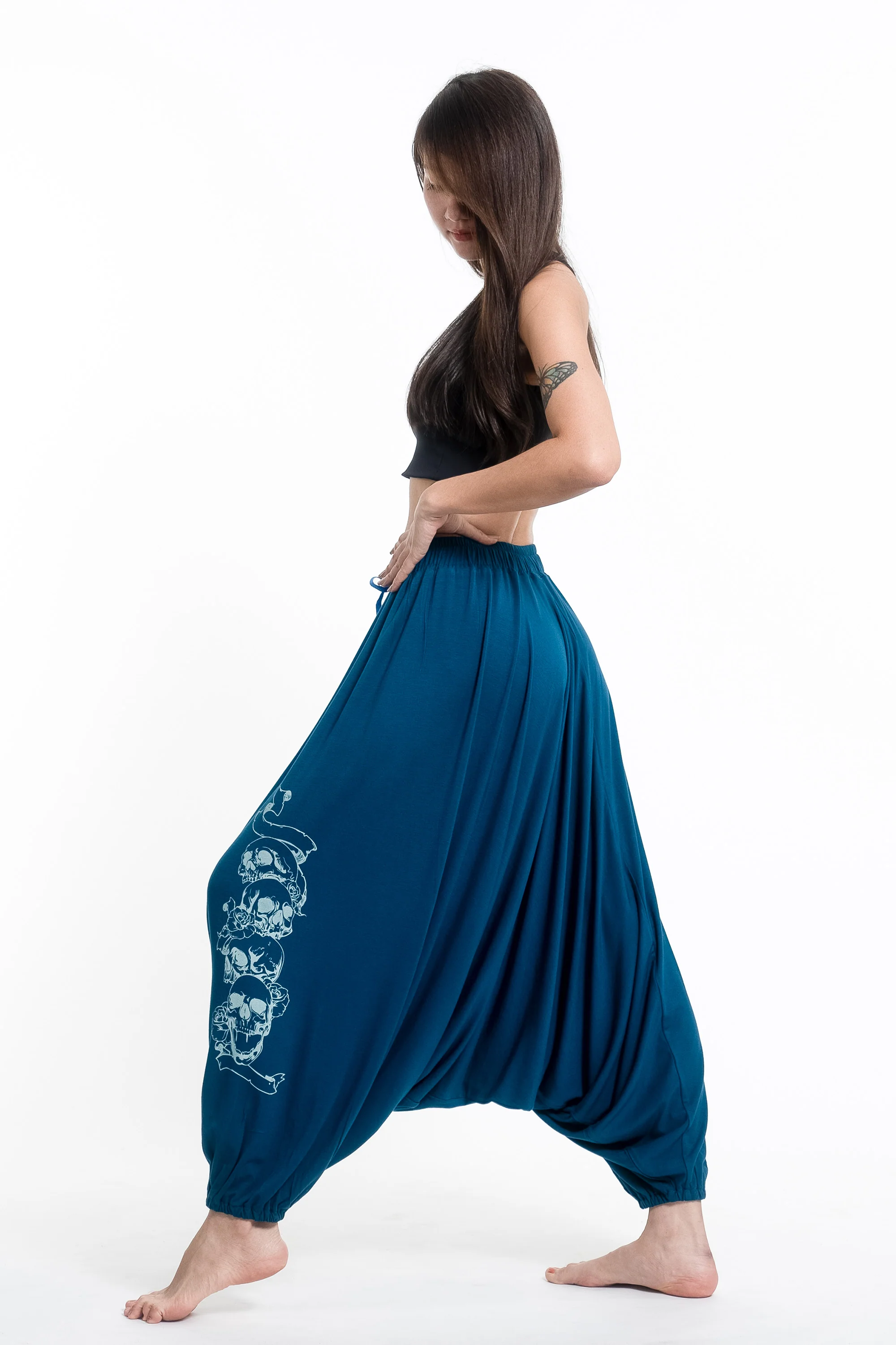 Skulls Print Drawstring Low Cut Harem Pants Cotton Spandex in Turquoise - Image 3