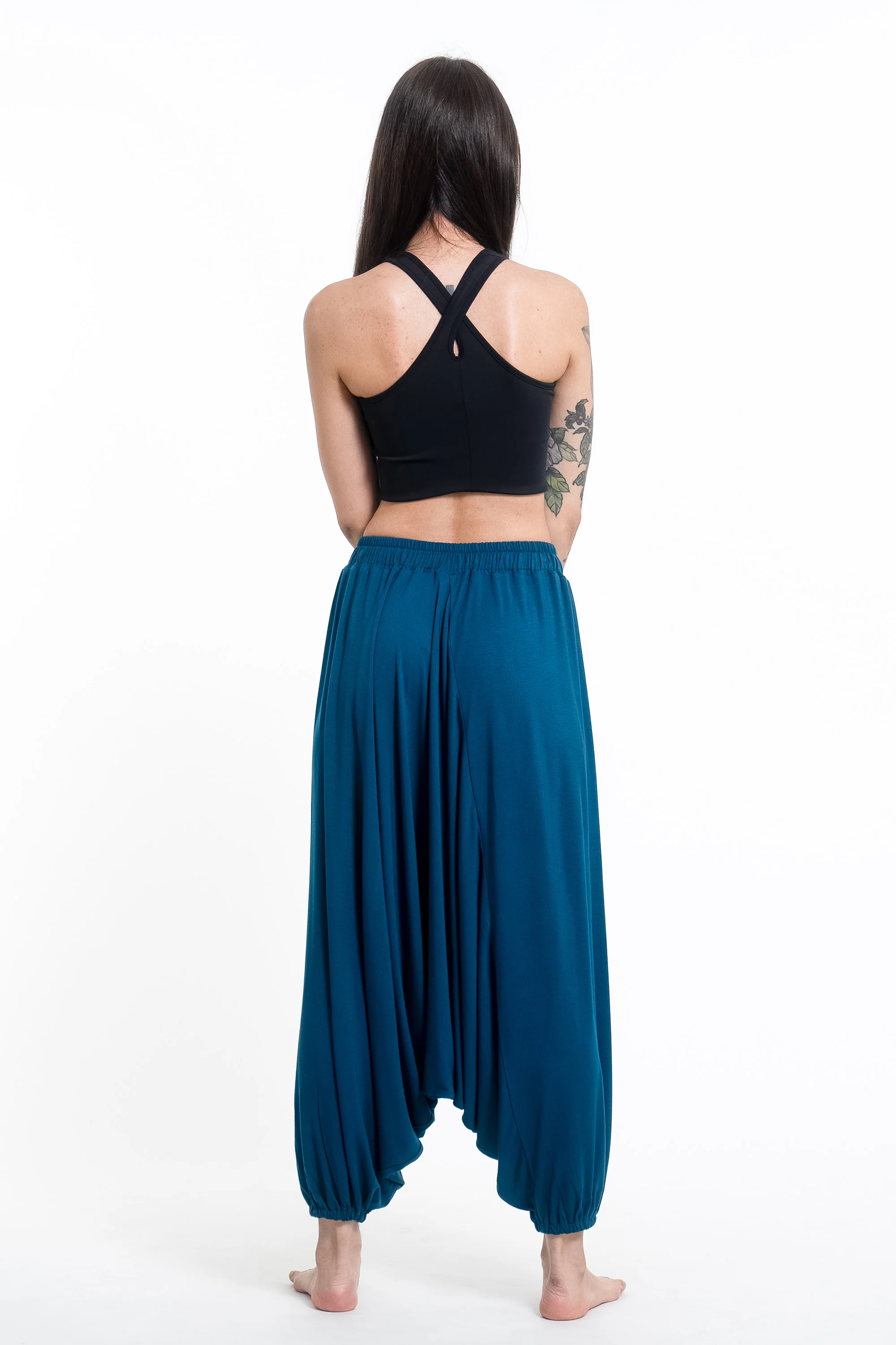Skulls Print Drawstring Low Cut Harem Pants Cotton Spandex in Turquoise - Image 4
