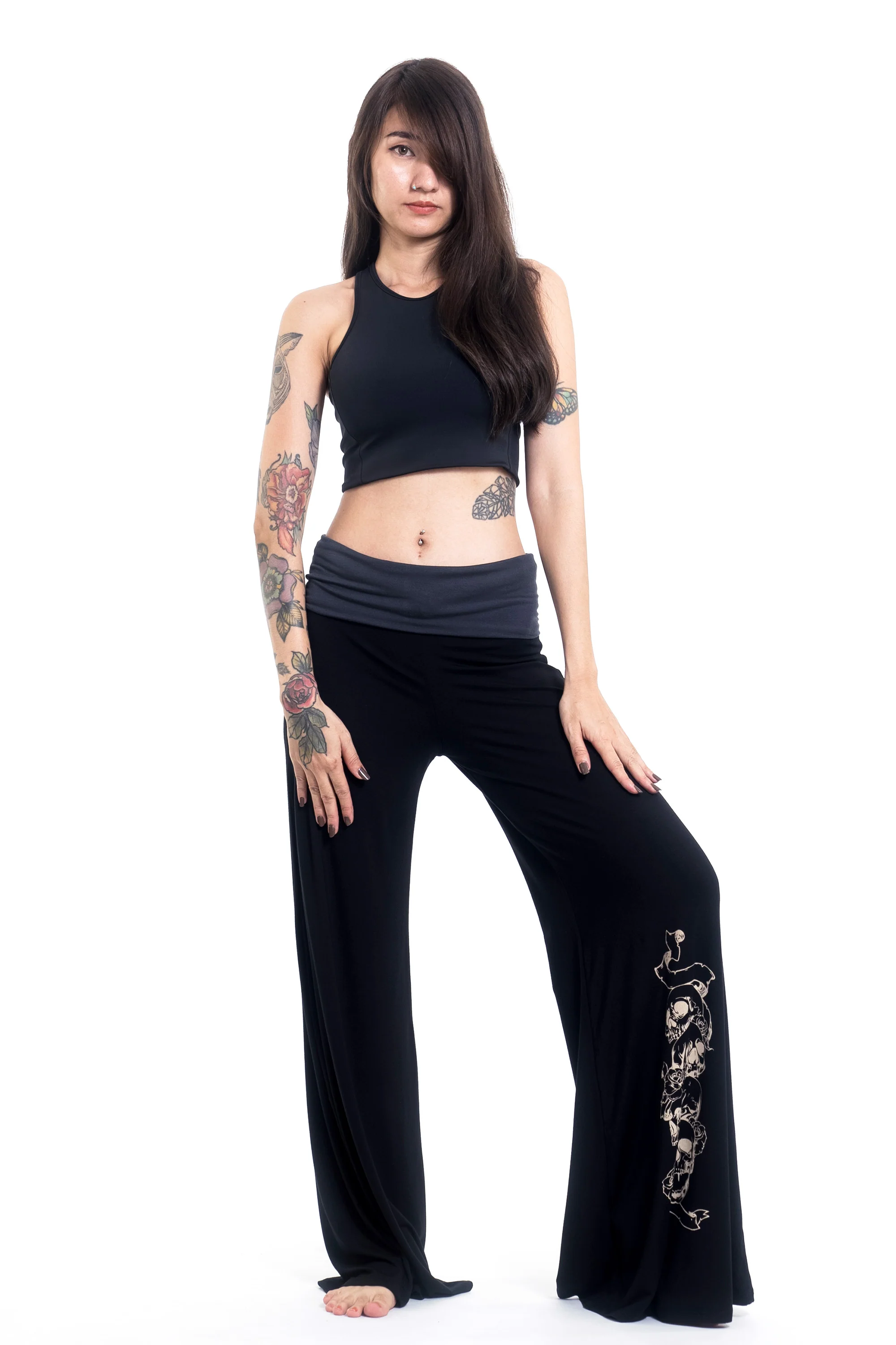 Skulls Print Wide Leg Palazzo Harem Pants Cotton Spandex in Black