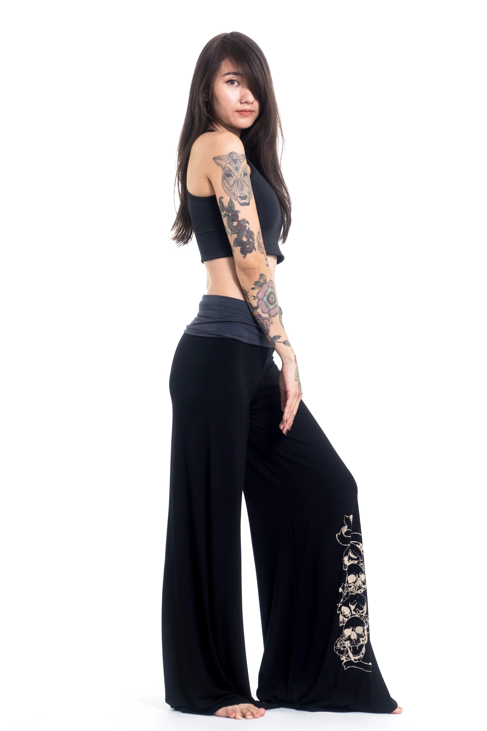 Skulls Print Wide Leg Palazzo Harem Pants Cotton Spandex in Black - Image 3