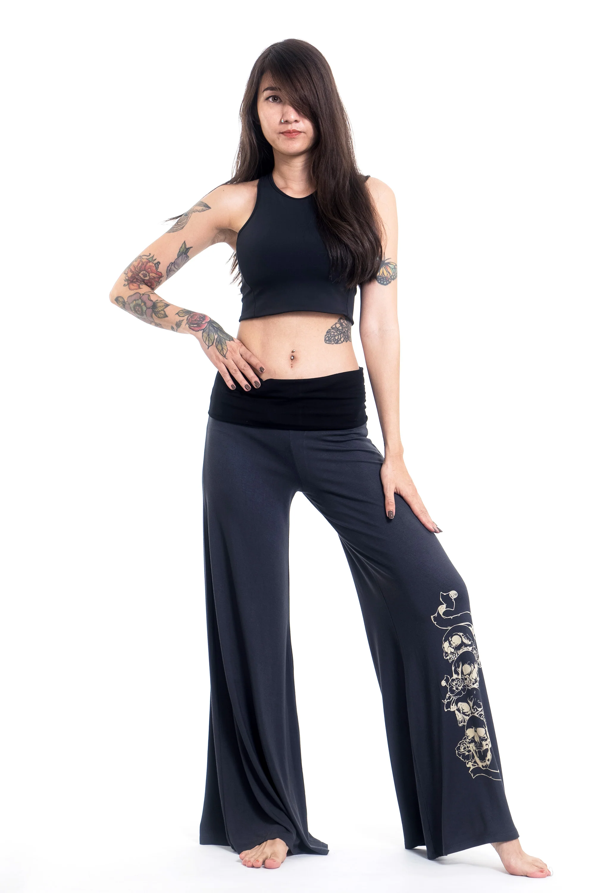 Skulls Print Wide Leg Palazzo Harem Pants Cotton Spandex in Gray