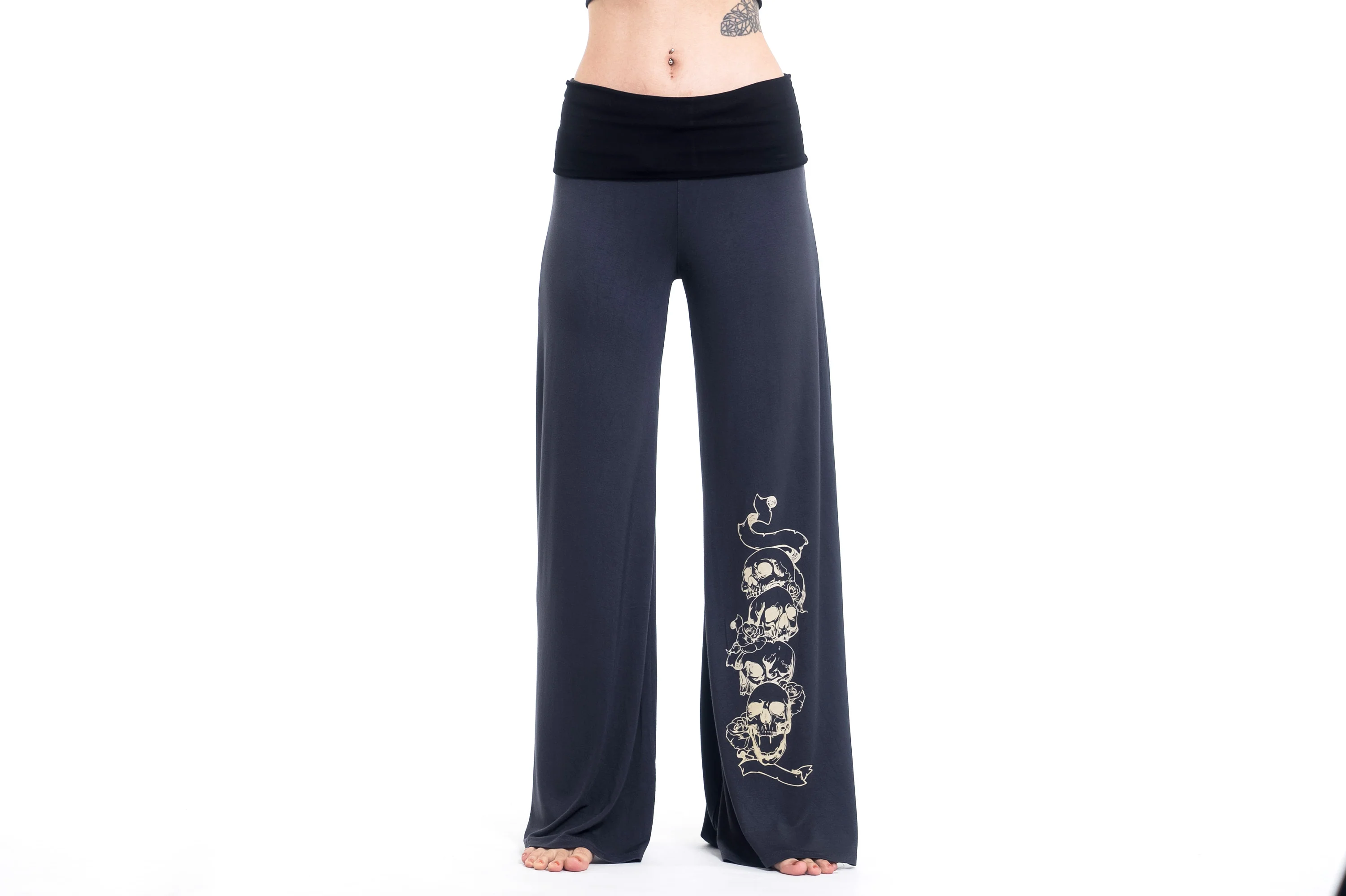 Skulls Print Wide Leg Palazzo Harem Pants Cotton Spandex in Gray - Image 2
