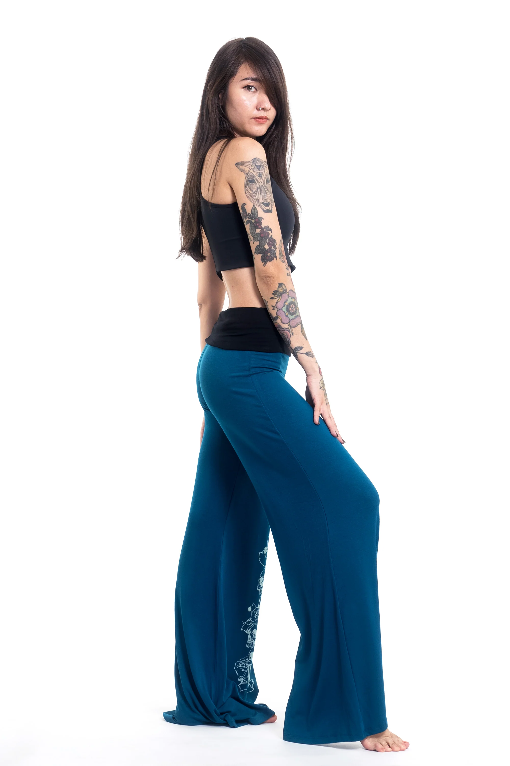 Skulls Print Wide Leg Palazzo Harem Pants Cotton Spandex in Turquoise - Image 3