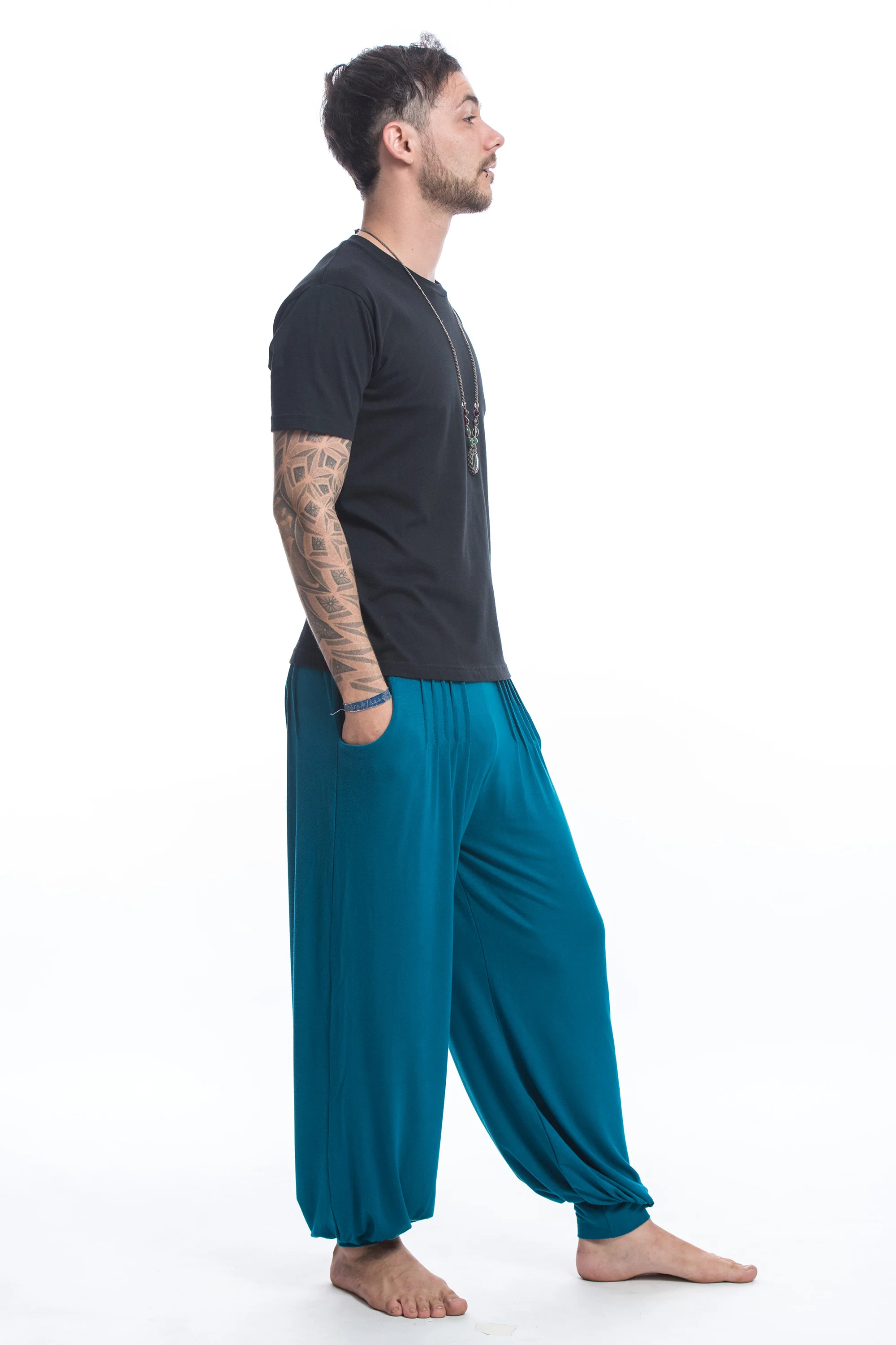 Soft Flex Mens Harem Pants in Solid Blue - Image 3