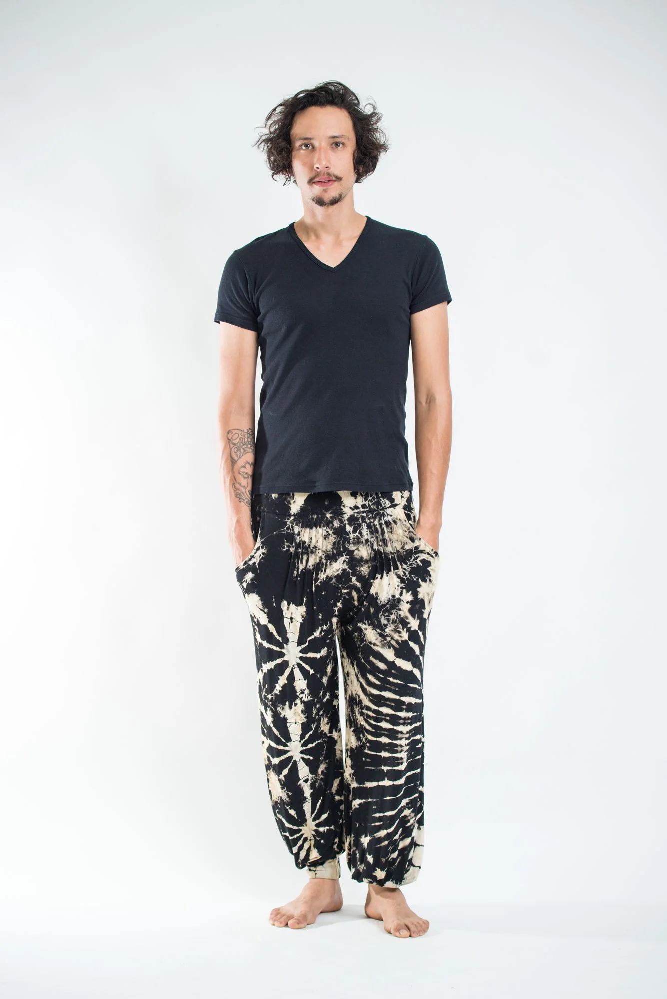 Soft Flex Mens Tie Dye Harem Pants in Black and White