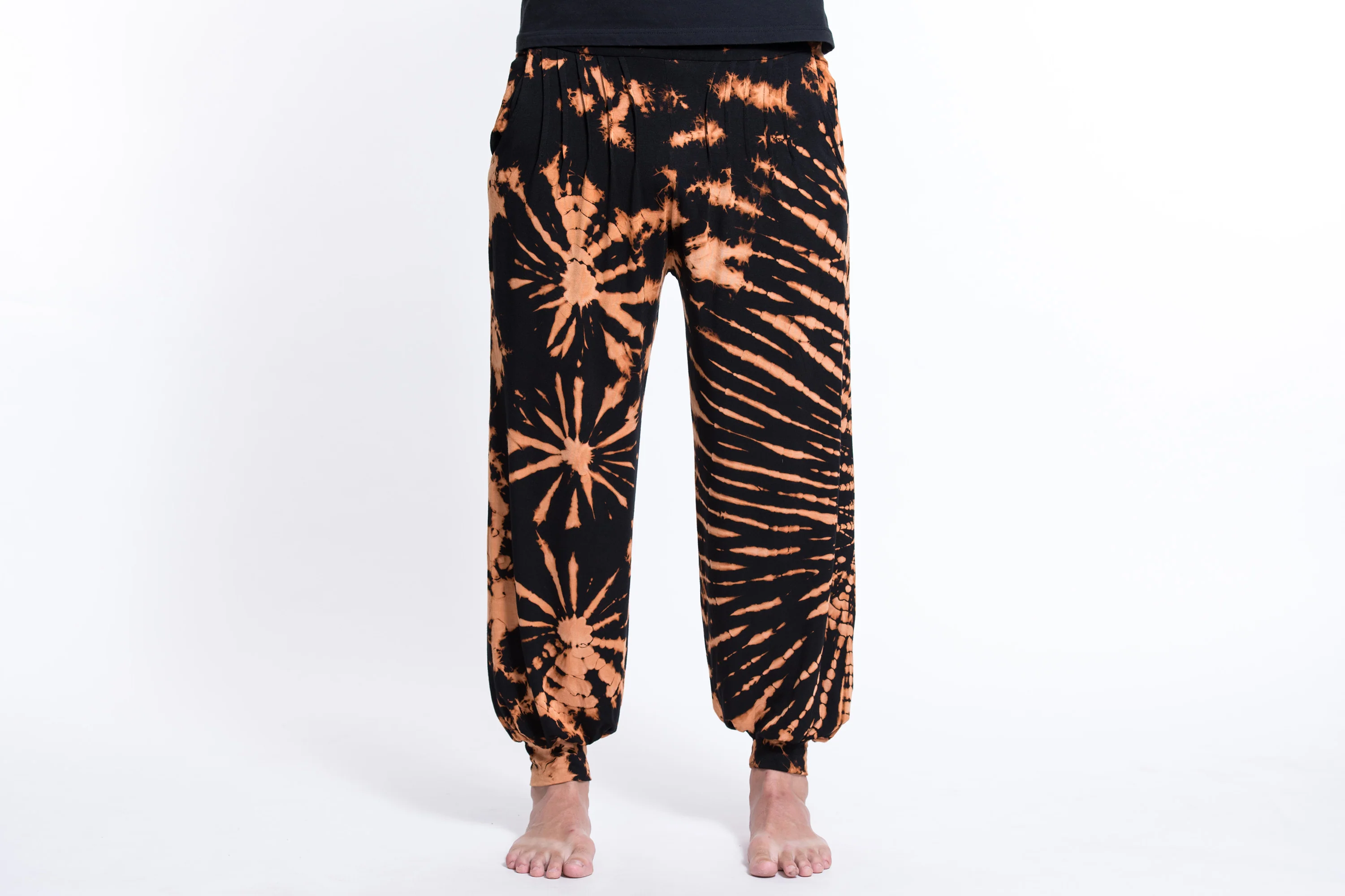 Soft Flex Mens Tie Dye Harem Pants in Black Orange - Image 2