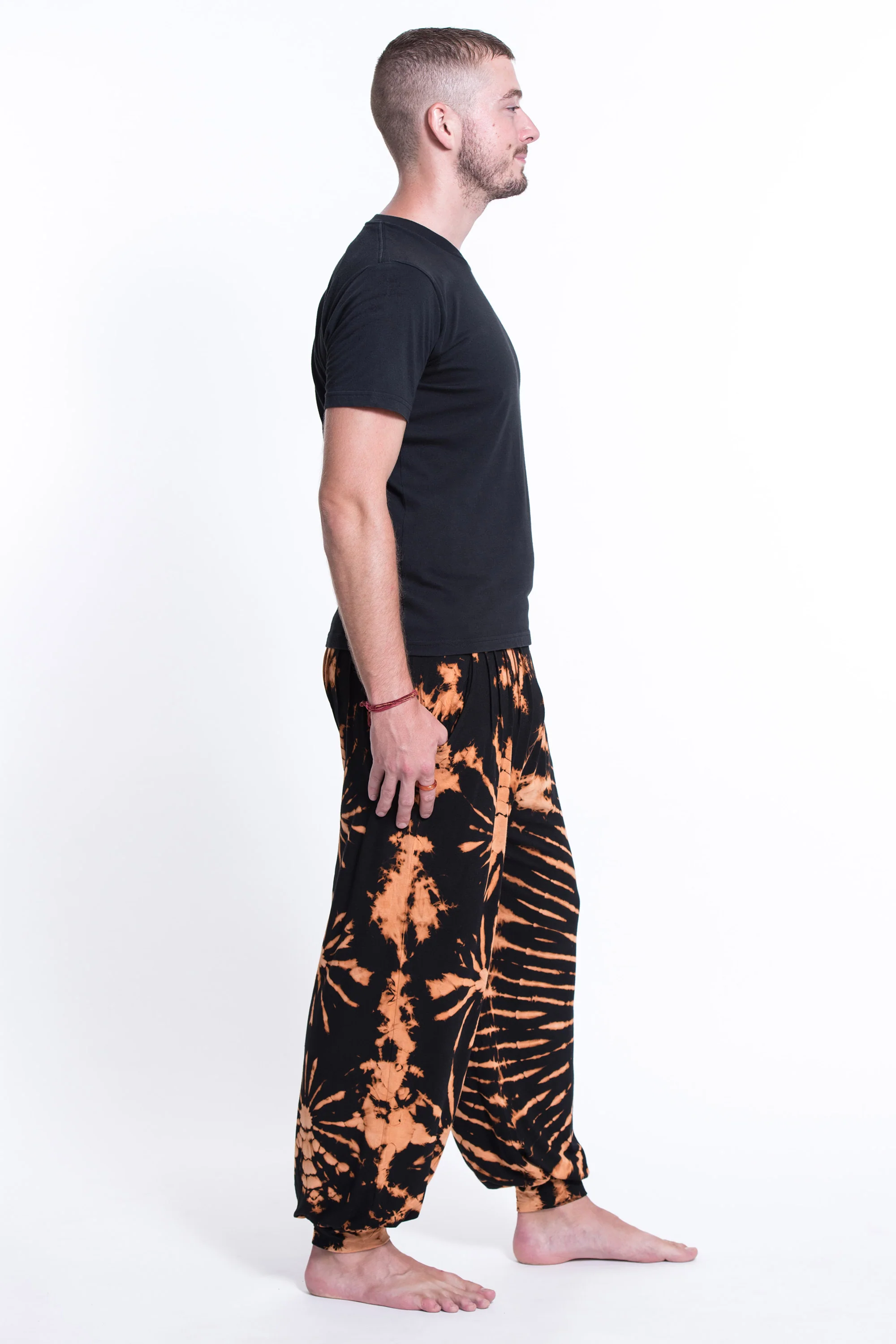 Soft Flex Mens Tie Dye Harem Pants in Black Orange - Image 3