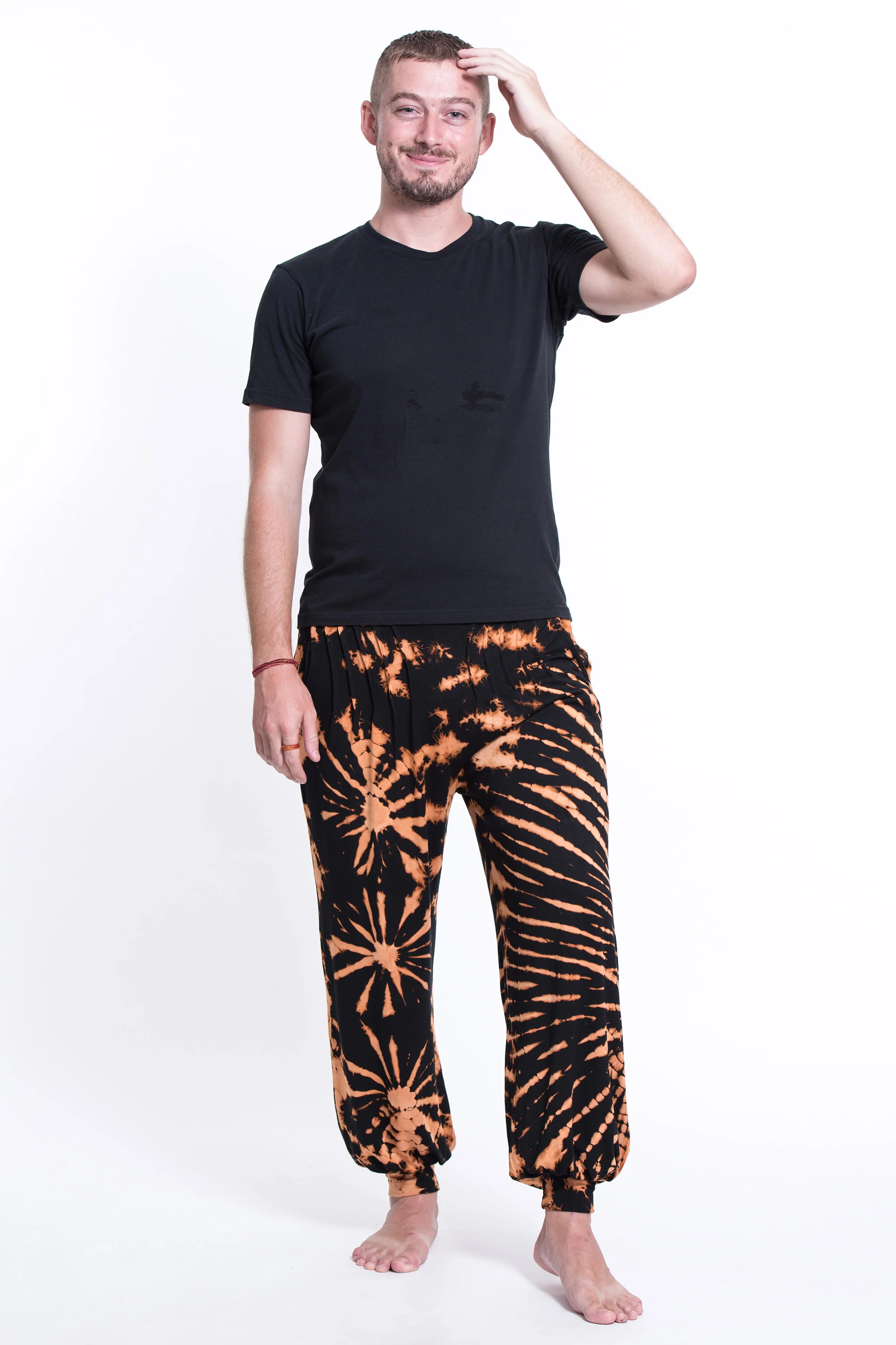 Soft Flex Mens Tie Dye Harem Pants in Black Orange - Image 4