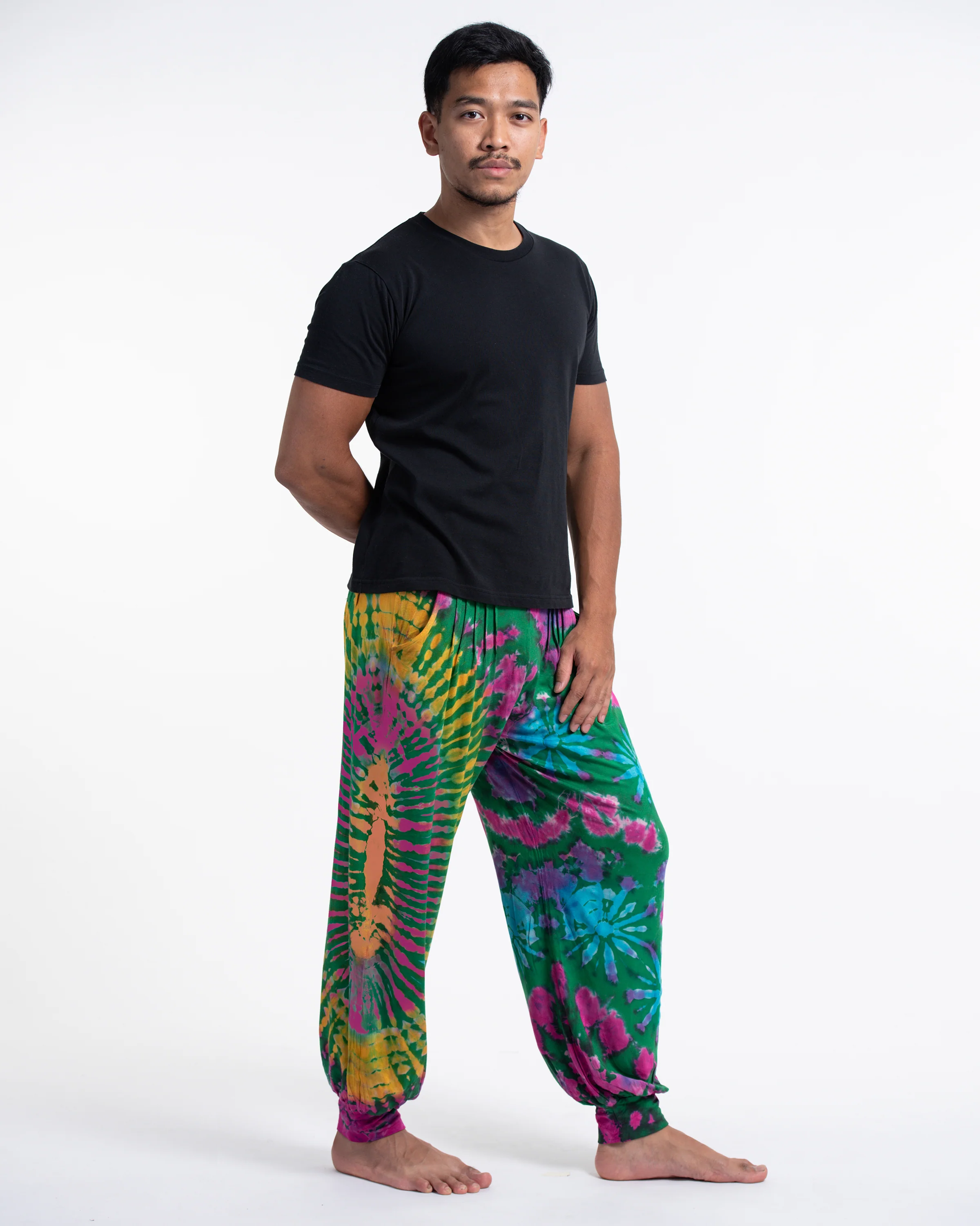 Soft Flex Mens Tie Dye Harem Pants in Green - Image 3