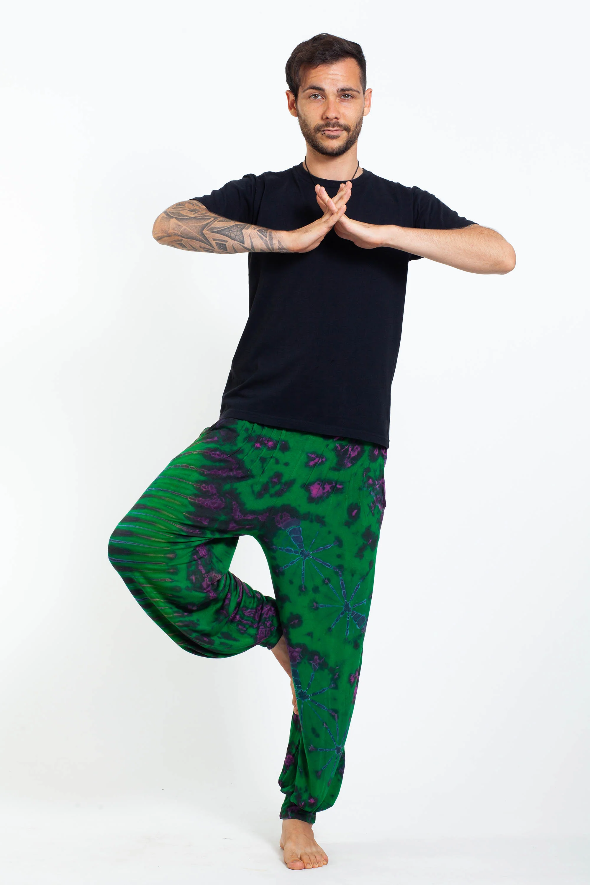Soft Flex Mens Tie Dye Harem Pants in Green Purple