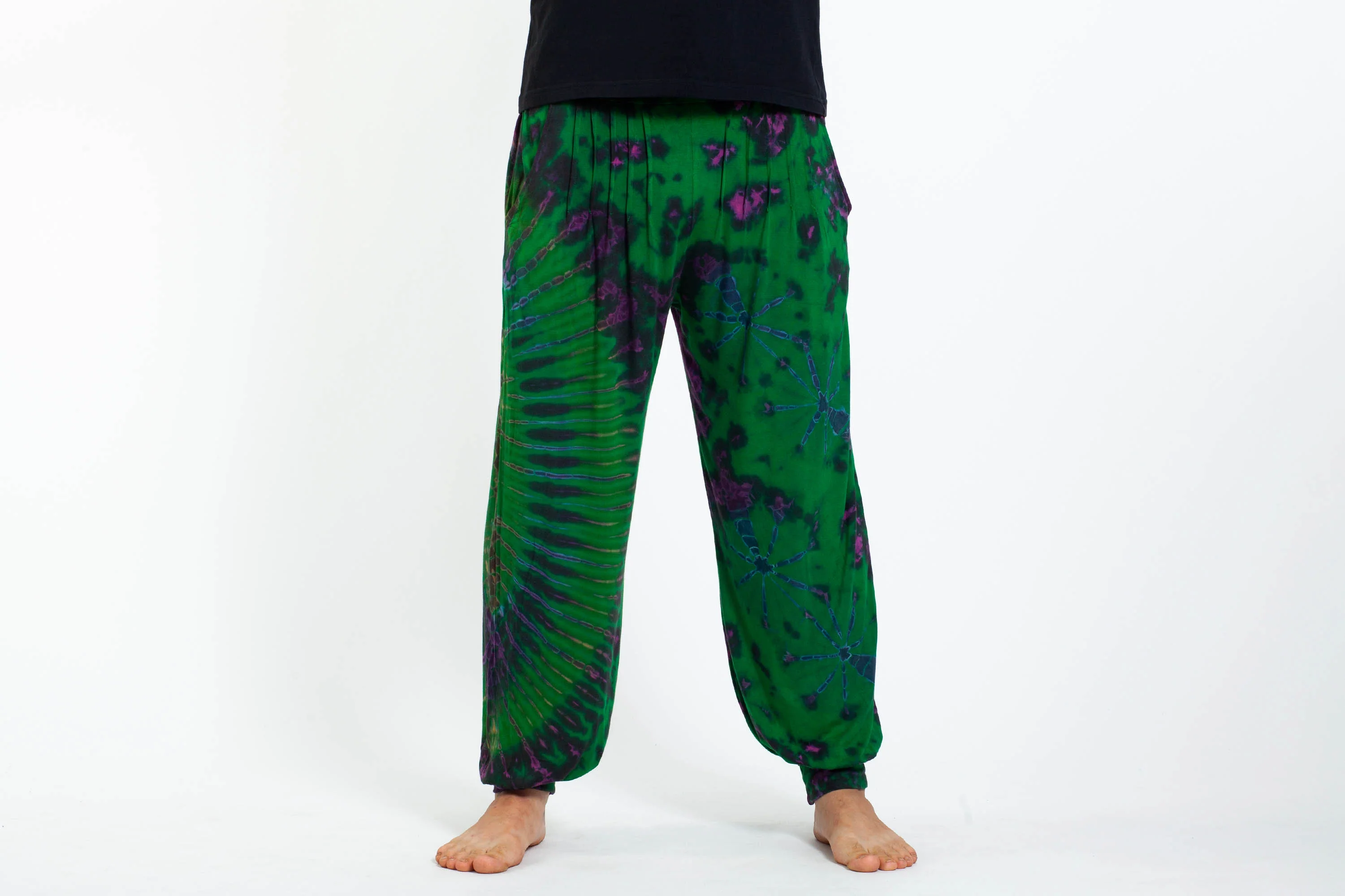 Soft Flex Mens Tie Dye Harem Pants in Green Purple - Image 2