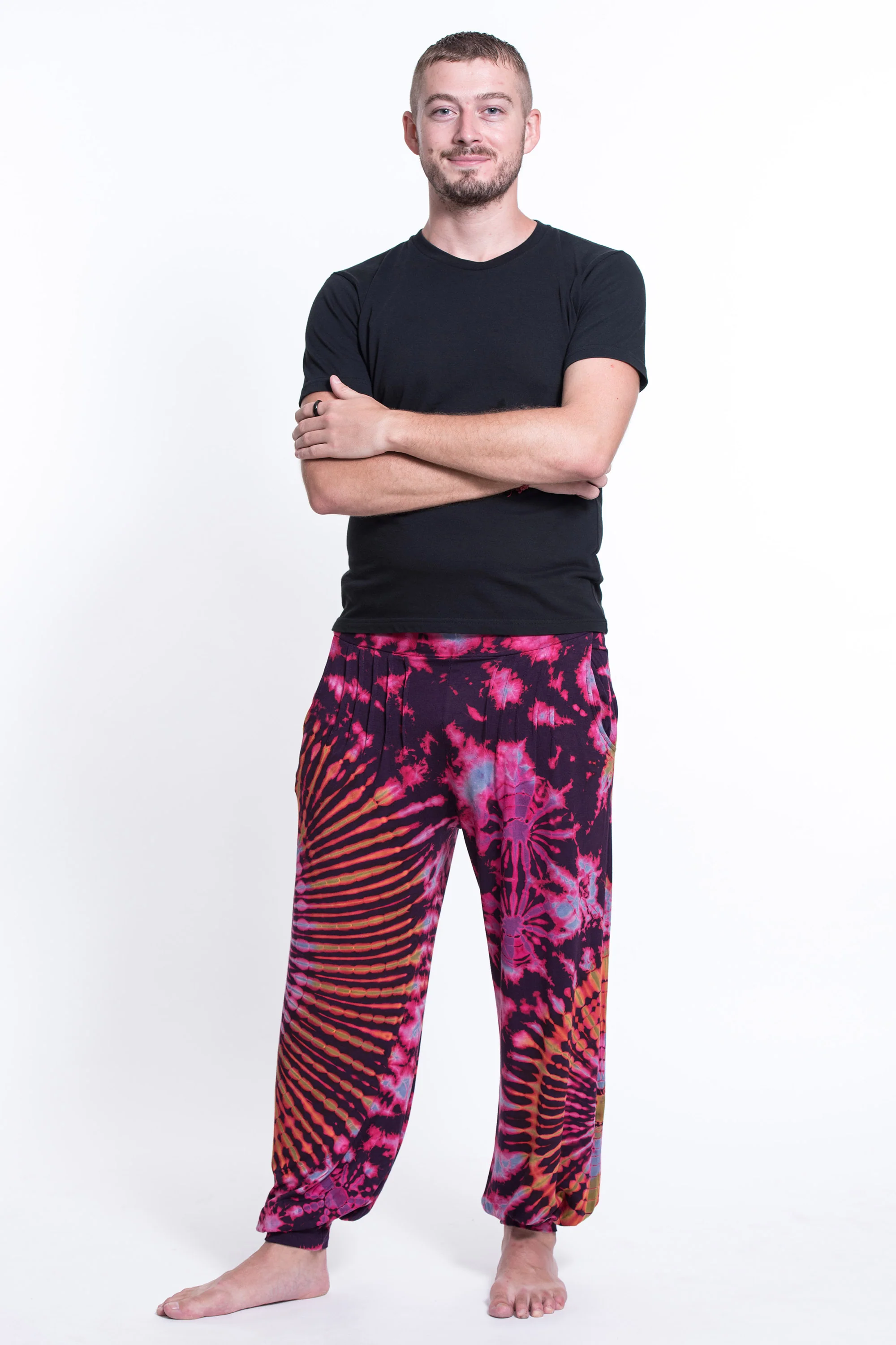 Soft Flex Mens Tie Dye Harem Pants in Purple Pink - Image 4