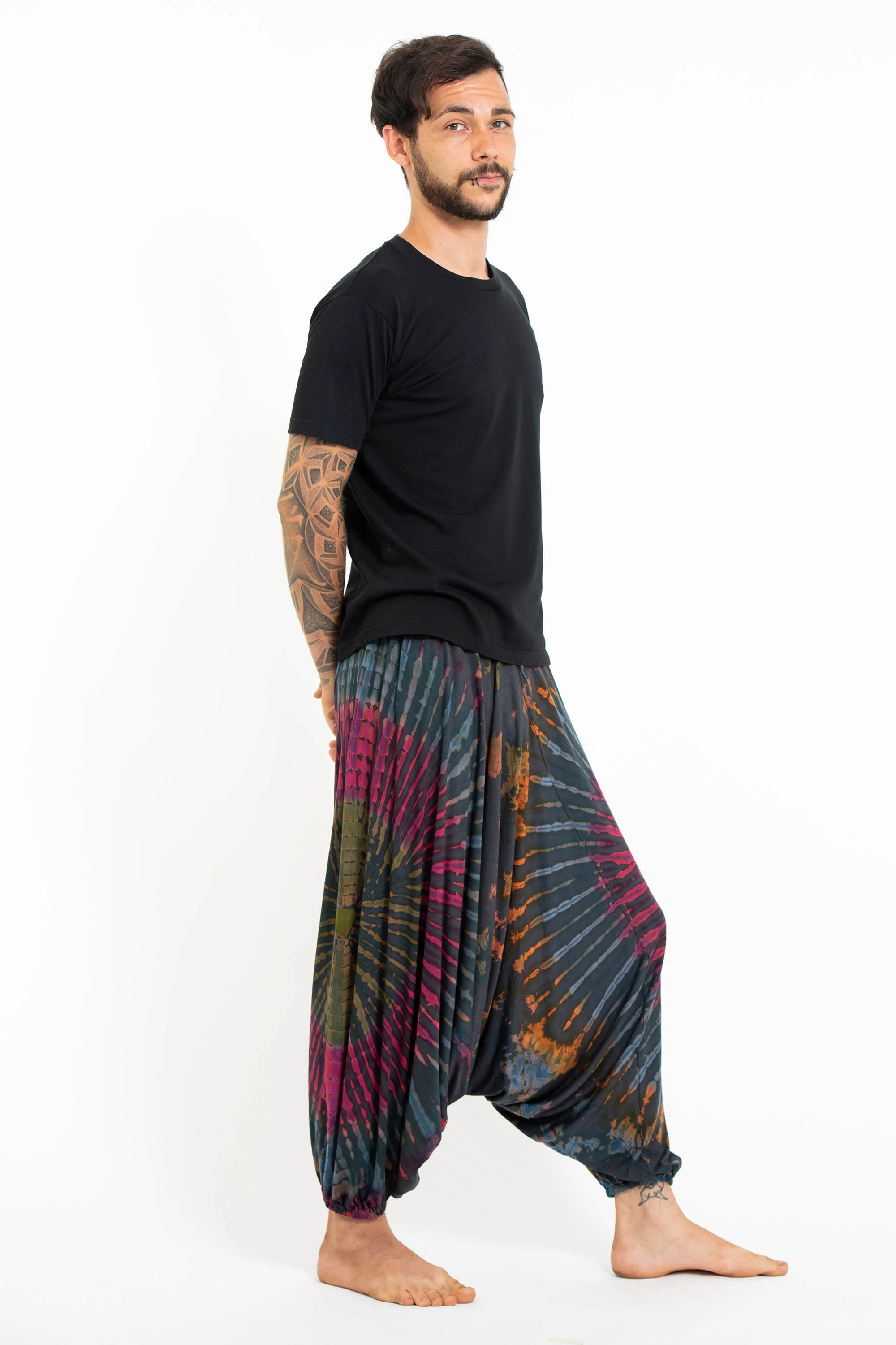 Soft Flex Mens Tie Dye Low Cut Harem Pants in Gray - Image 3
