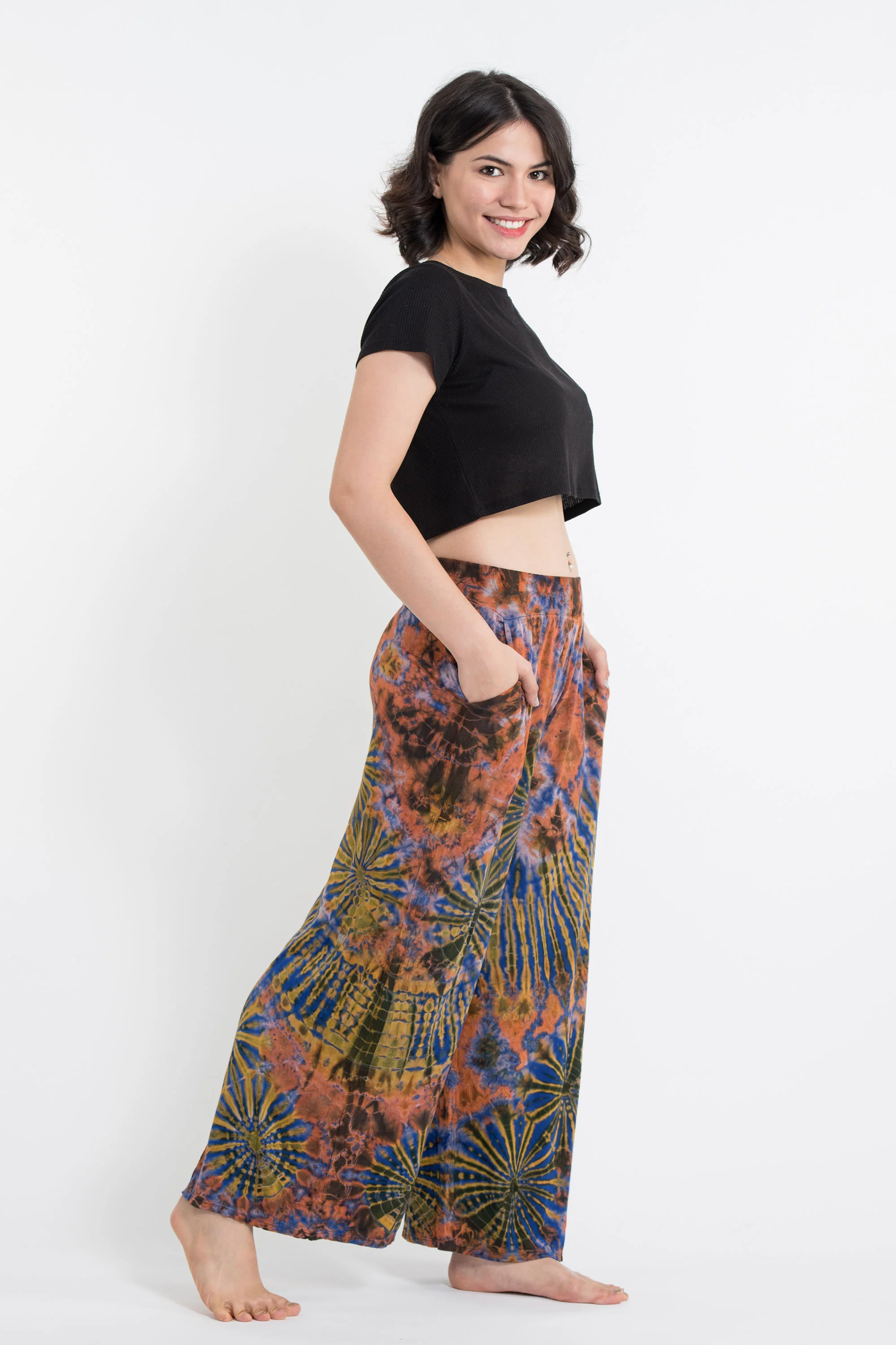 Soft Flex Tie Dye Wide Leg Pants in Orange Yellow - Image 3