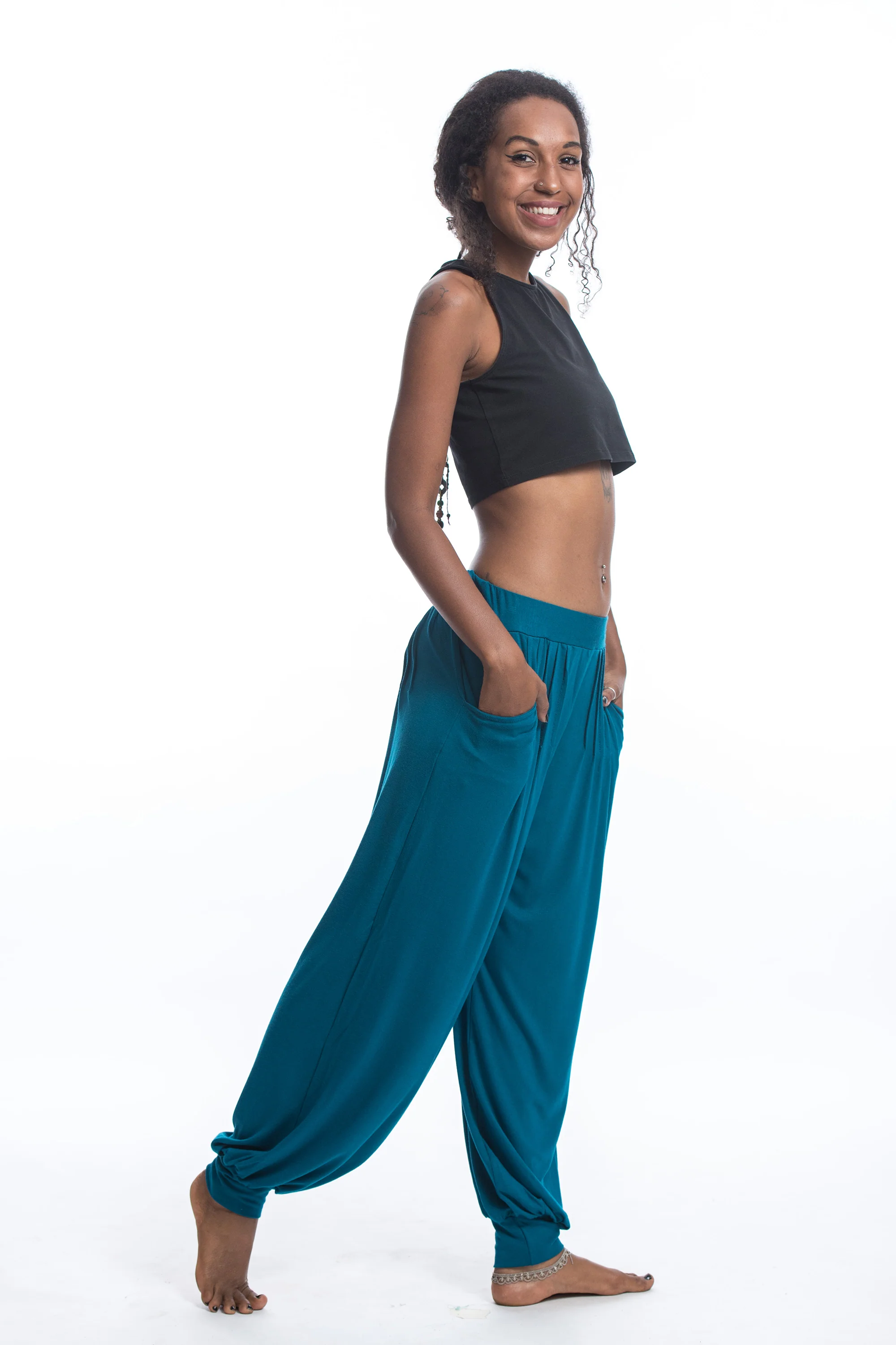 Soft Flex Womens Harem Pants in Solid Blue - Image 3