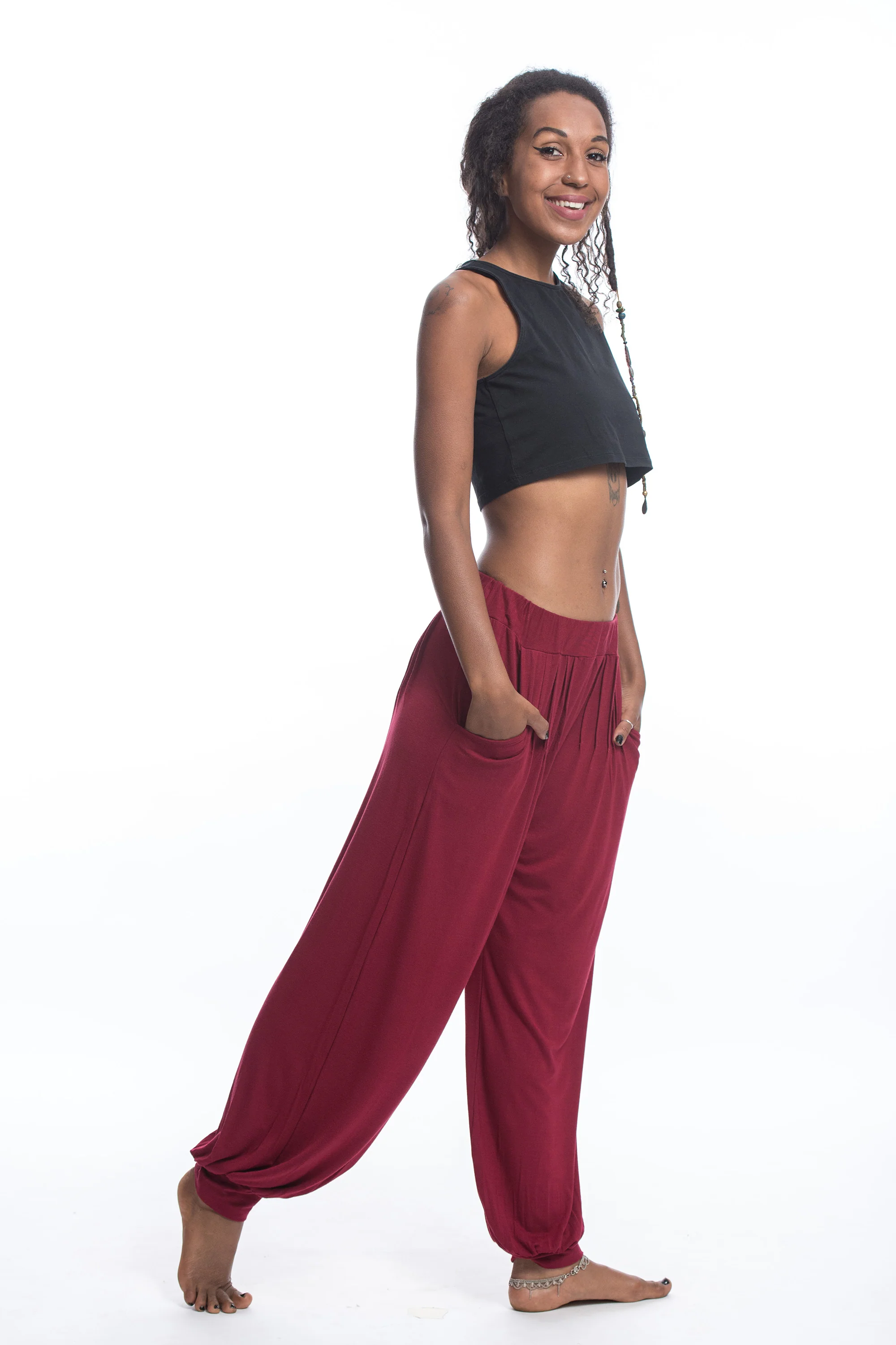 Soft Flex Womens Harem Pants in Solid Red - Image 3