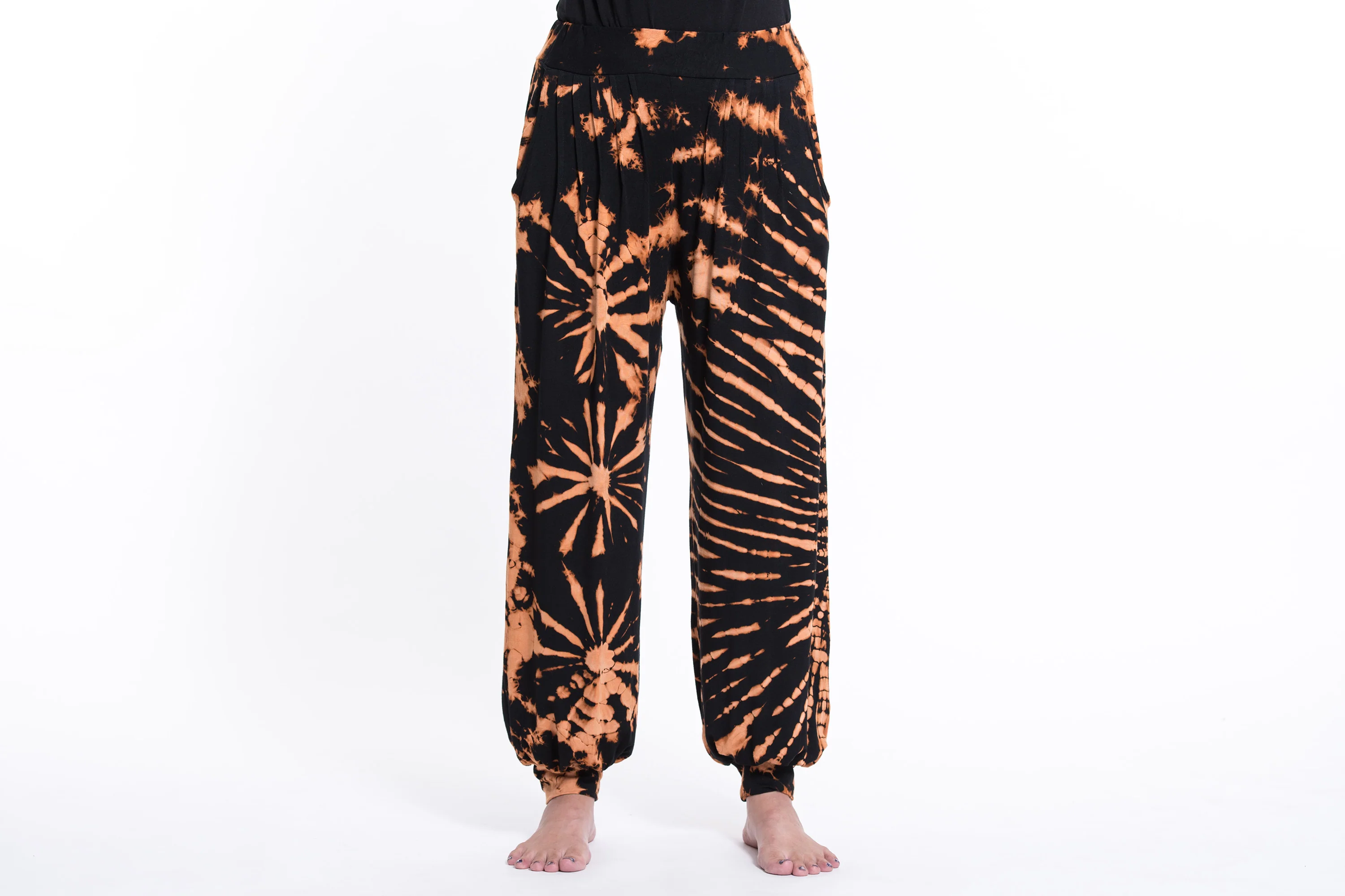 Soft Flex Womens Tie Dye Harem Pants in Black Orange - Image 2