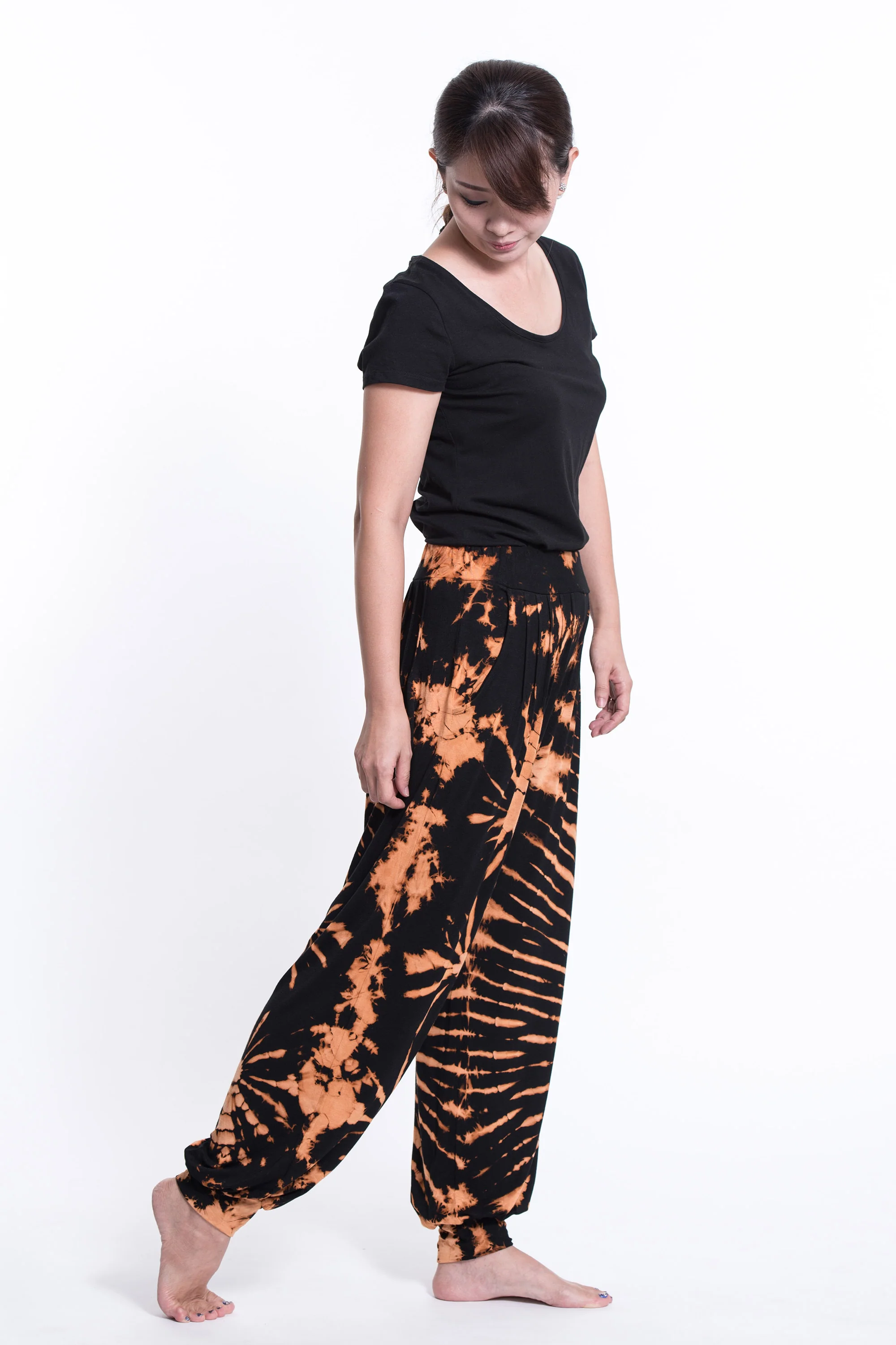 Soft Flex Womens Tie Dye Harem Pants in Black Orange - Image 3