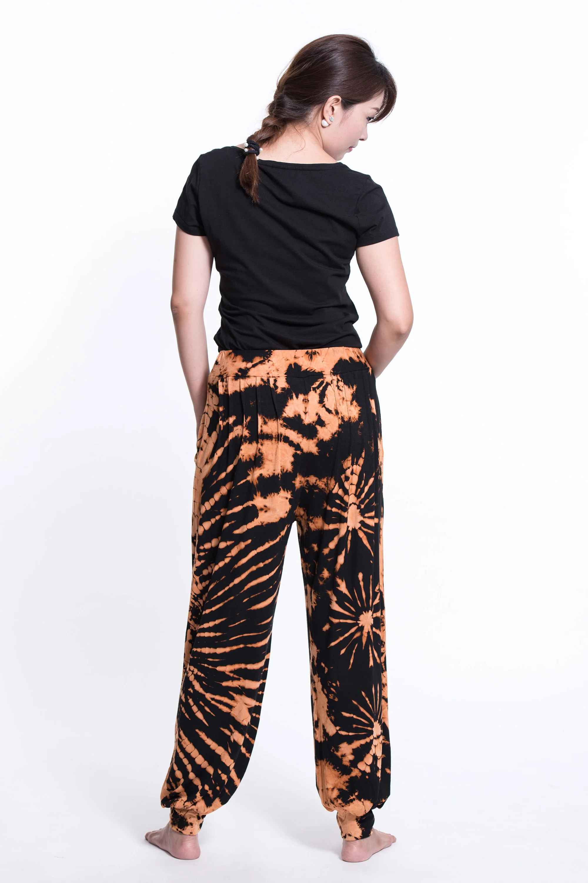 Soft Flex Womens Tie Dye Harem Pants in Black Orange - Image 4
