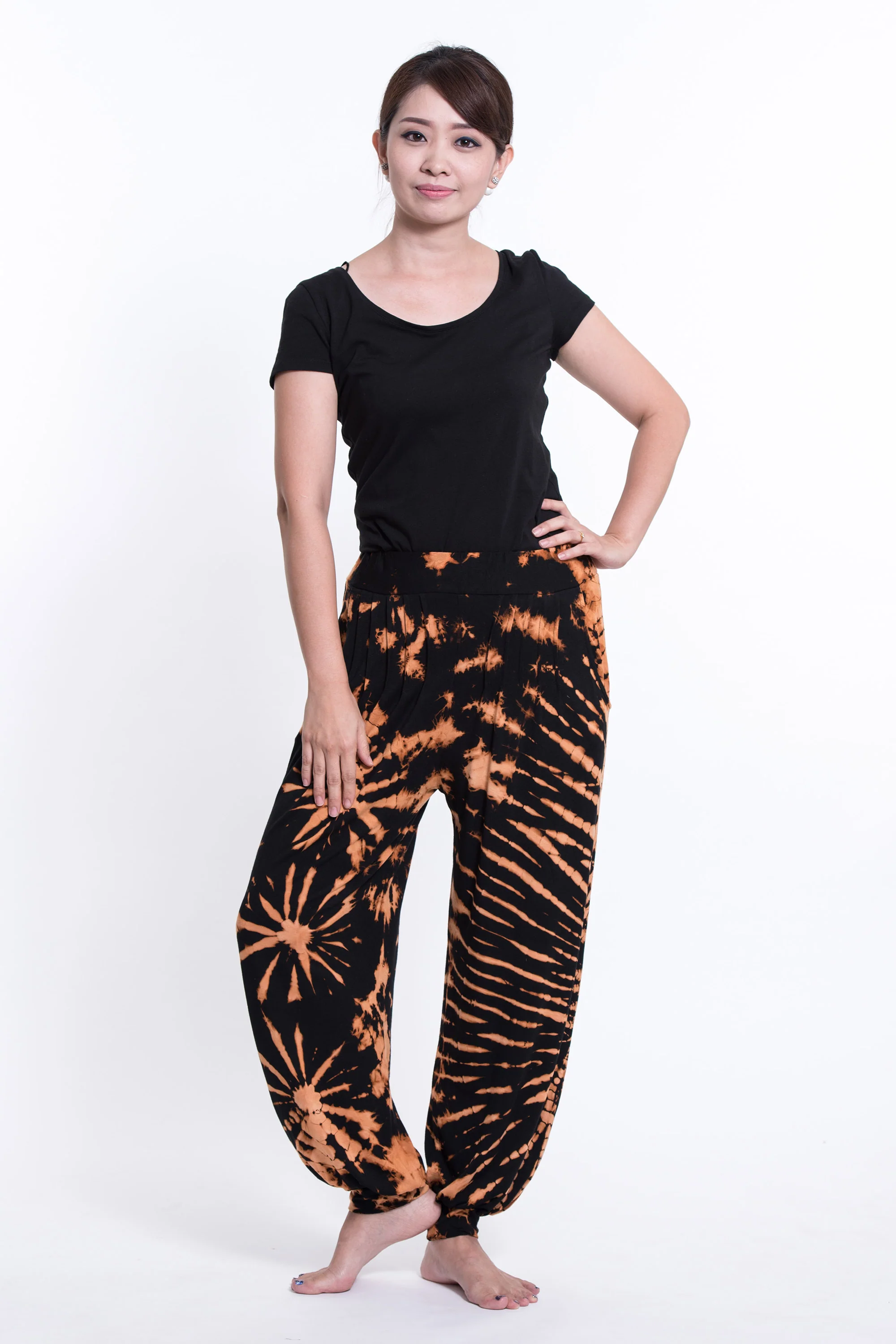 Soft Flex Womens Tie Dye Harem Pants in Black Orange - Image 5