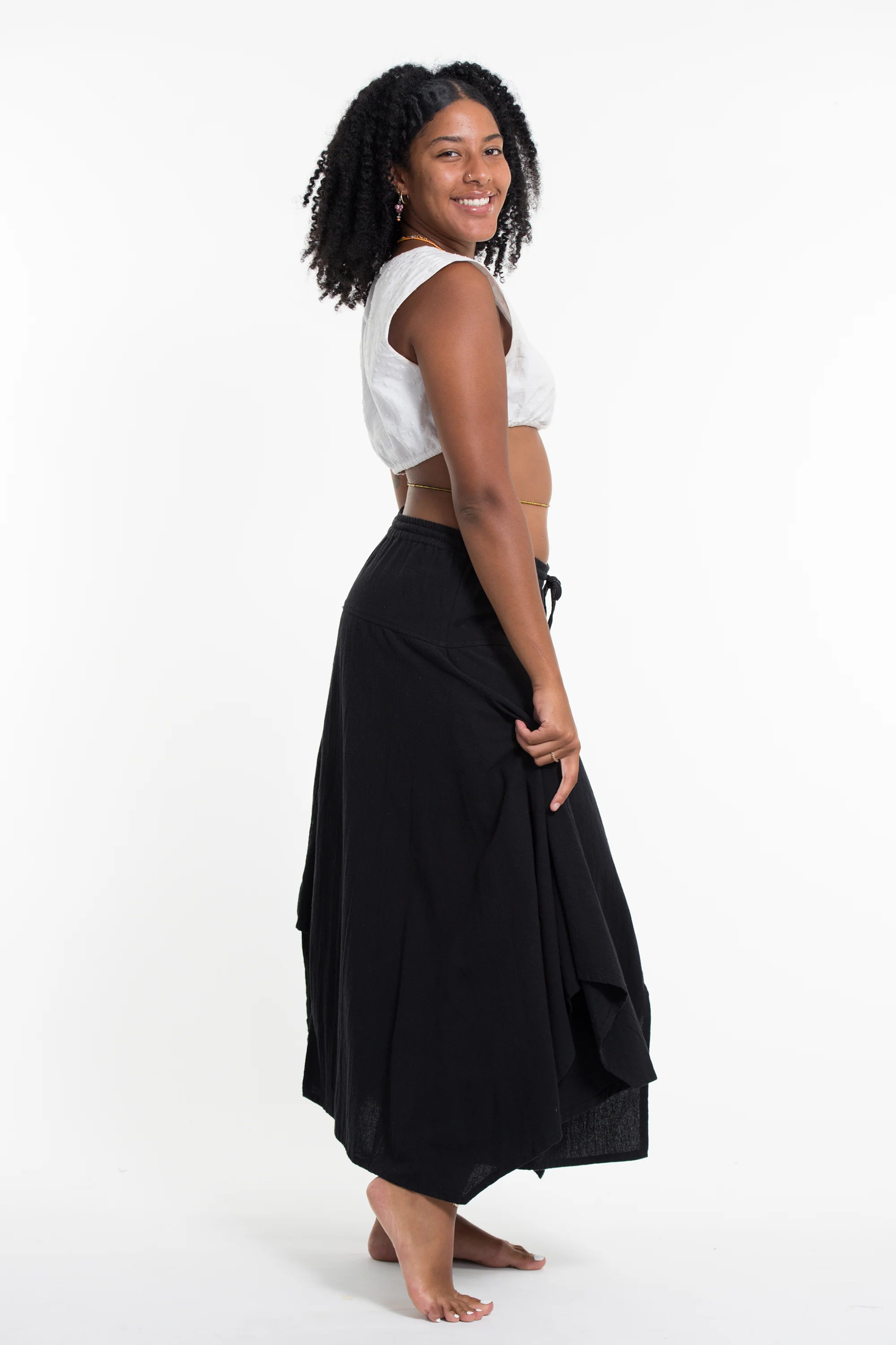 Solid Color Cotton Handkerchief Midi Skirt in Black - Image 3