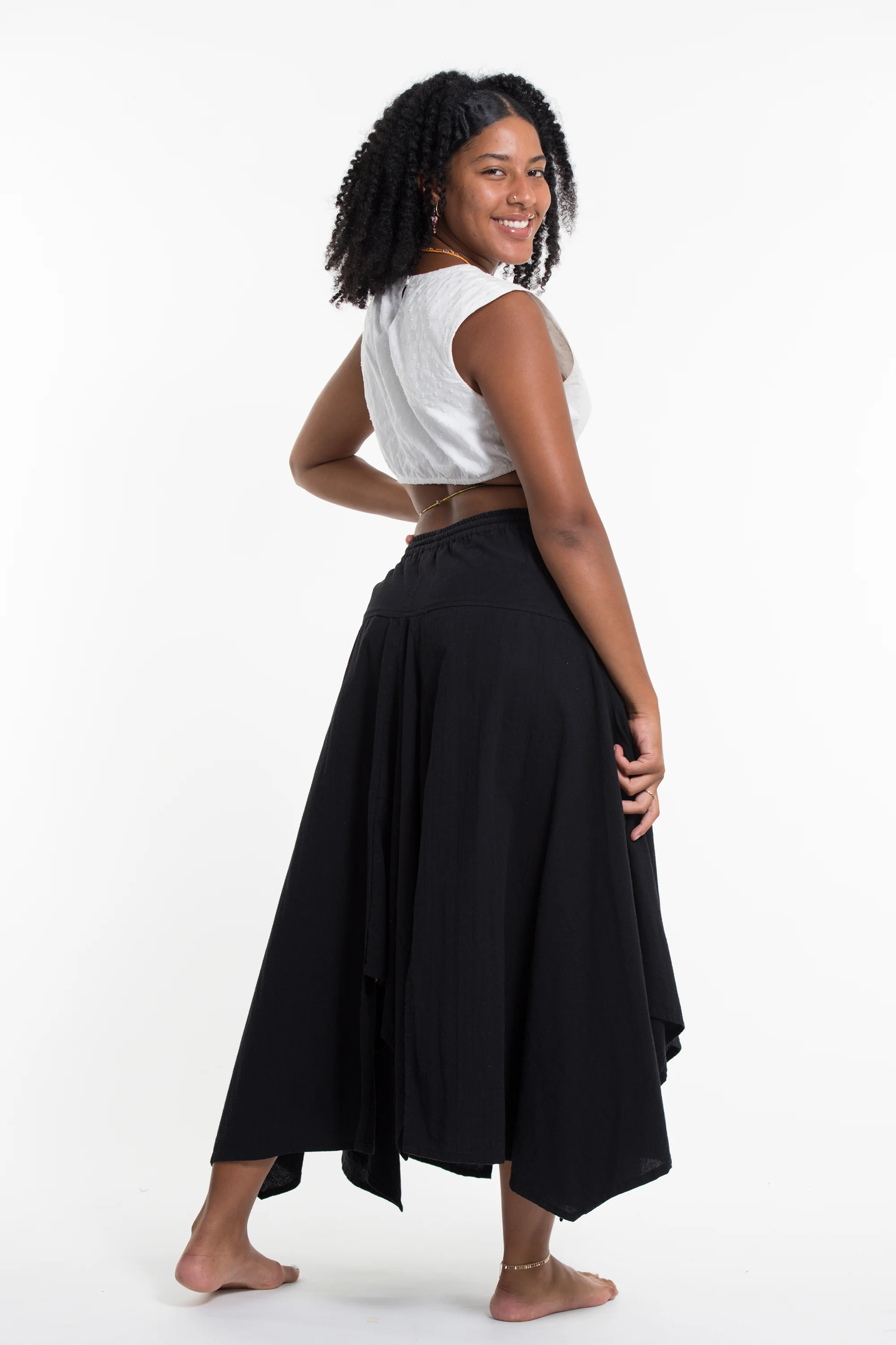 Solid Color Cotton Handkerchief Midi Skirt in Black - Image 4
