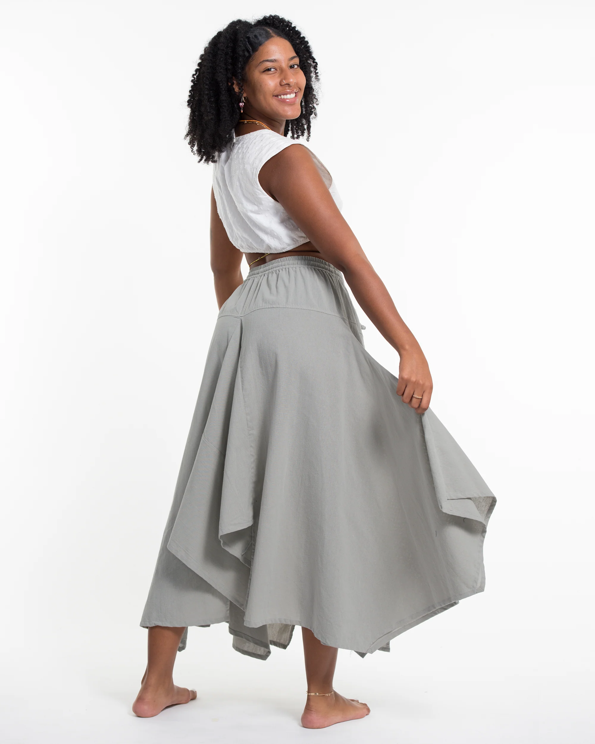 Solid Color Cotton Handkerchief Midi Skirt in Gray - Image 3