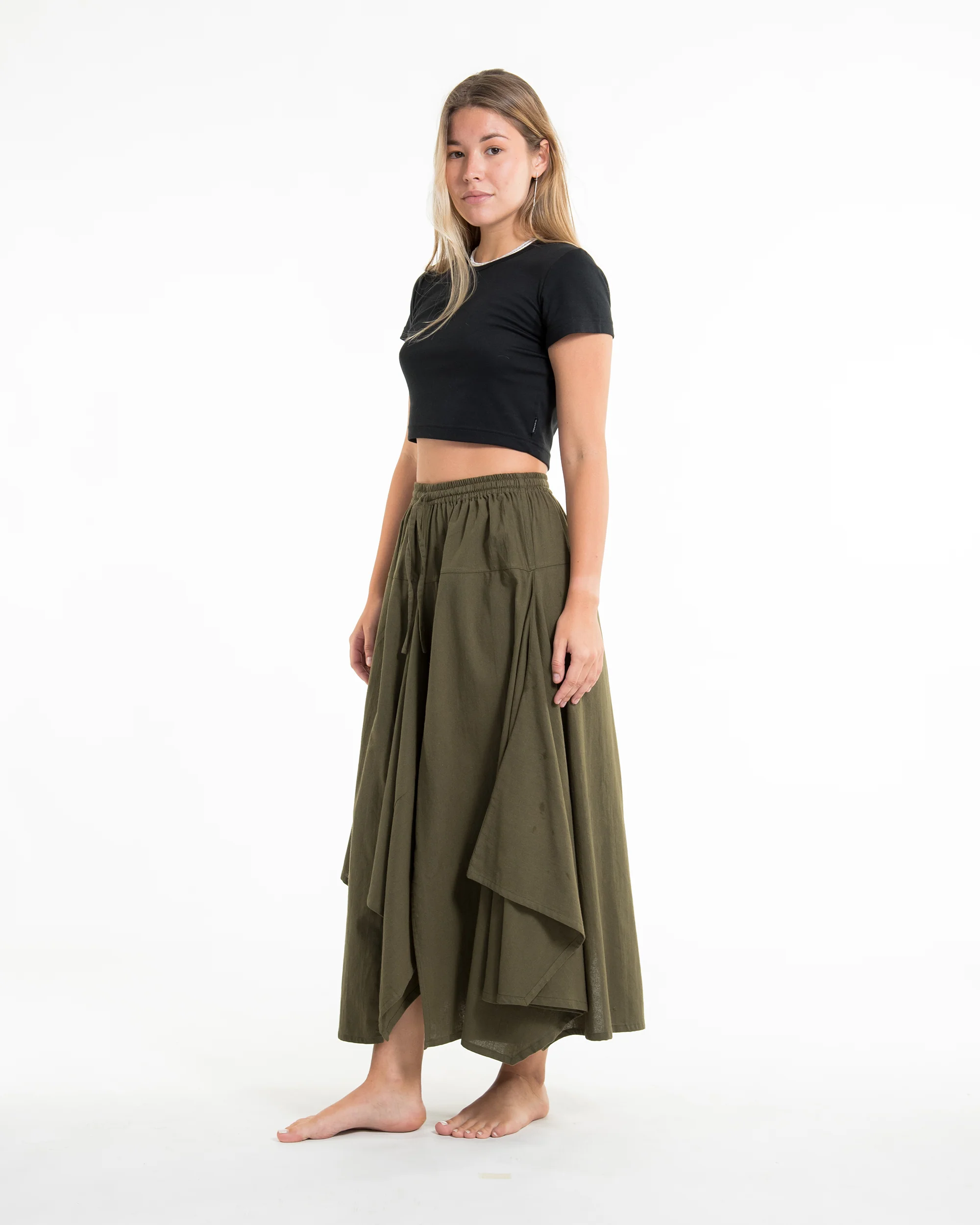 Solid Color Cotton Handkerchief Midi Skirt in Olive - Image 3