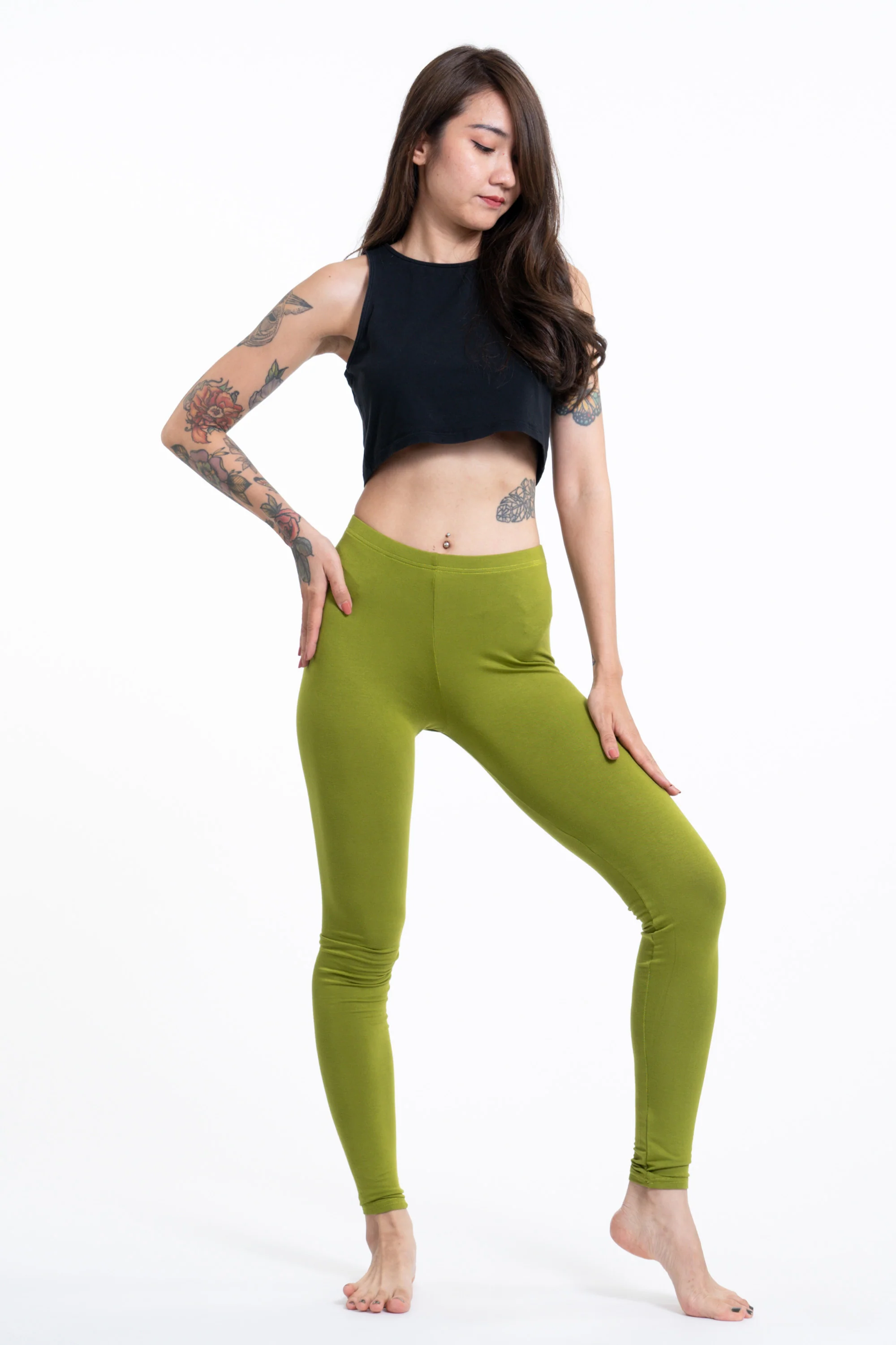 Solid Color Cotton Leggings in Green - Image 2