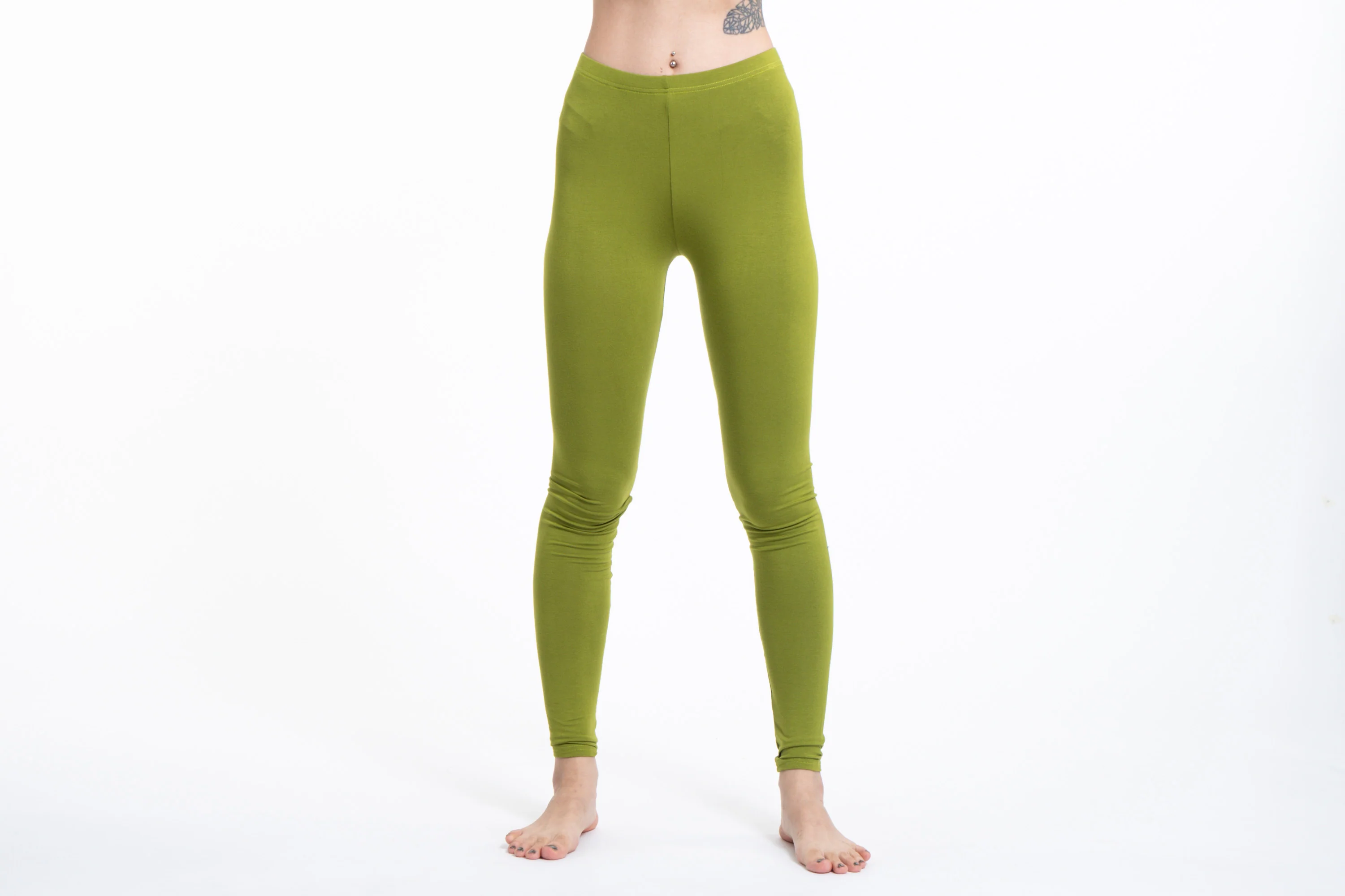 Solid Color Cotton Leggings in Green - Image 3