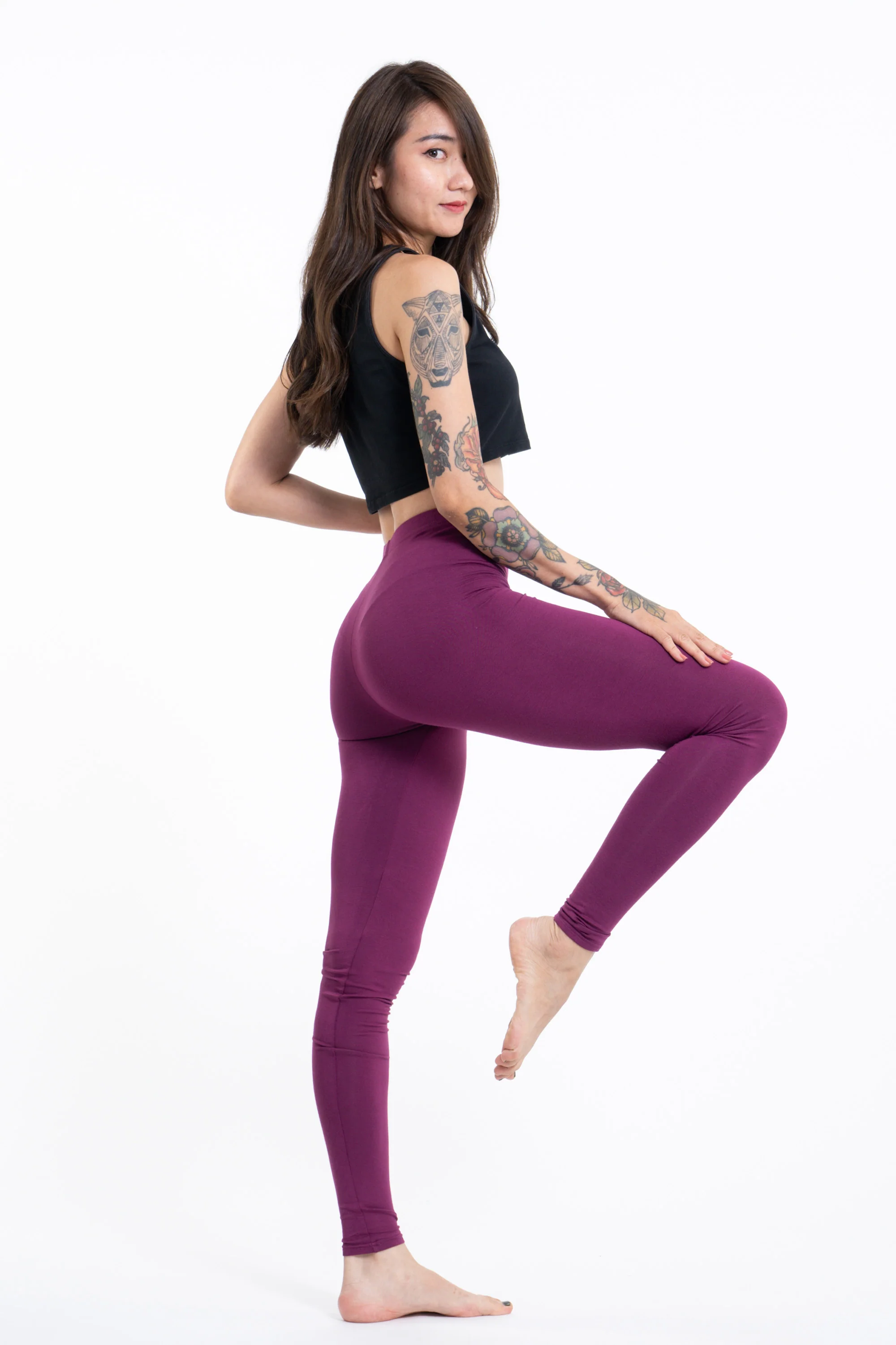 Solid Color Cotton Leggings in Purple - Image 3