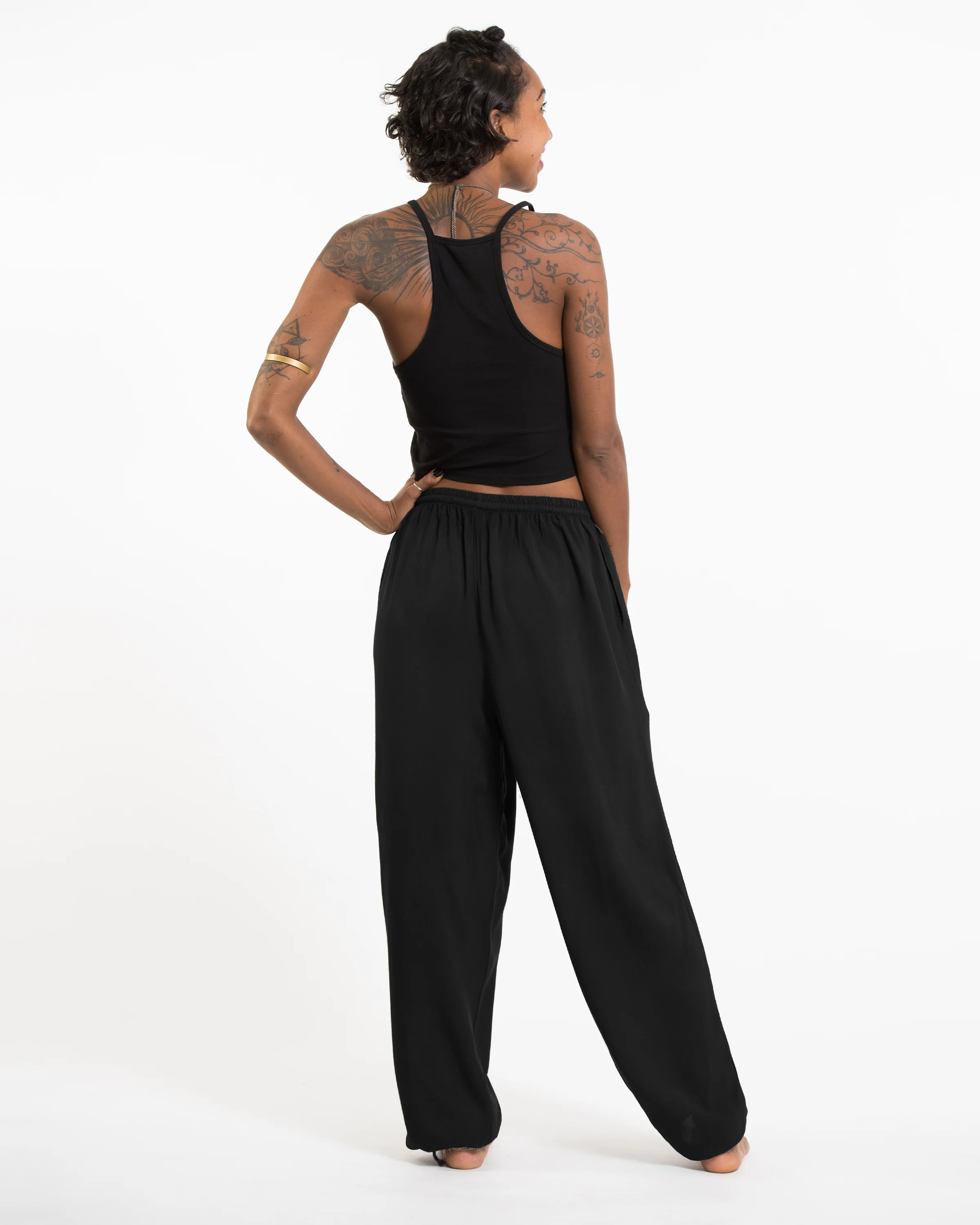 Solid Color Drawstring Women's Yoga Massage Pants in Black - Image 3