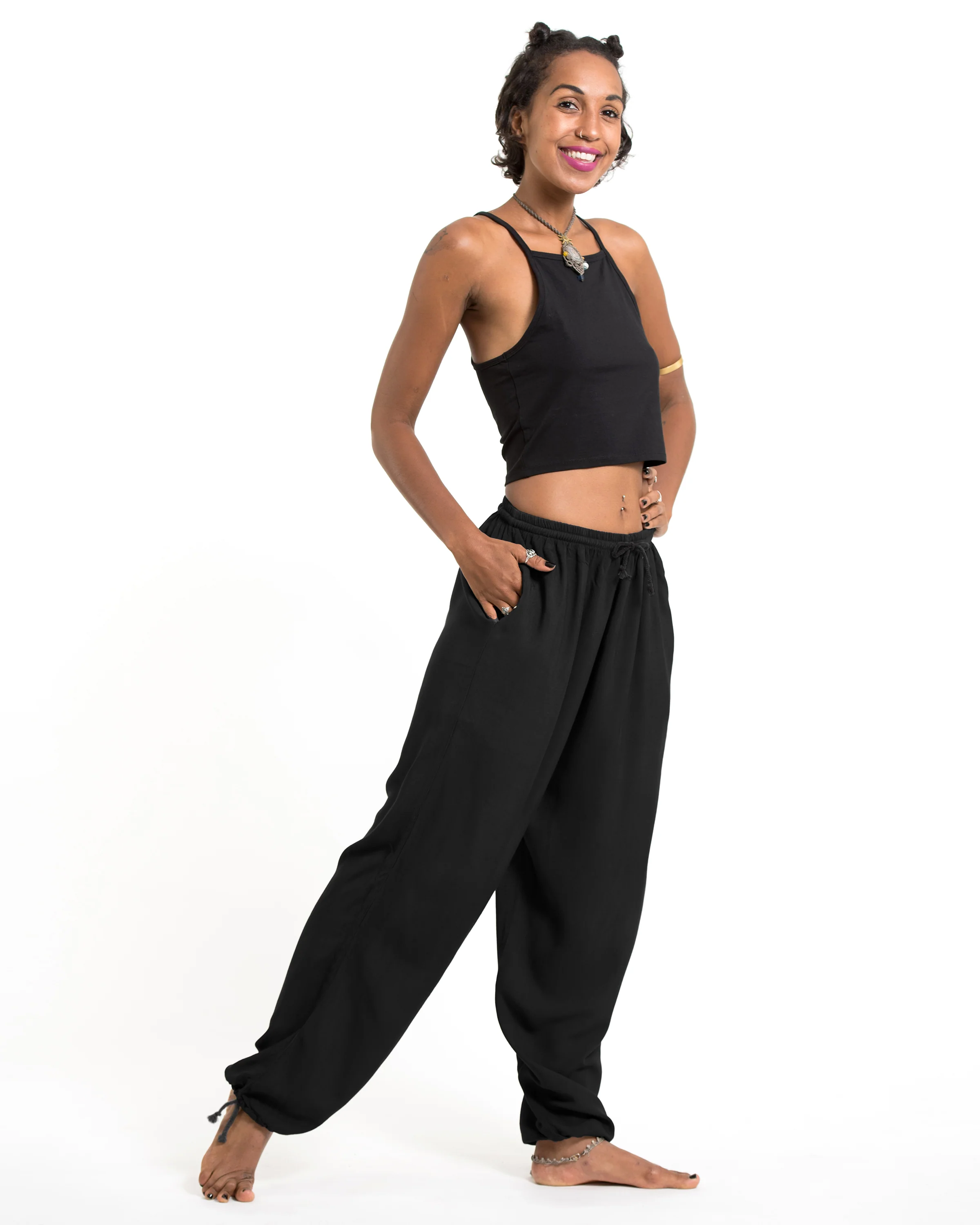 Solid Color Drawstring Women's Yoga Massage Pants in Black - Image 6