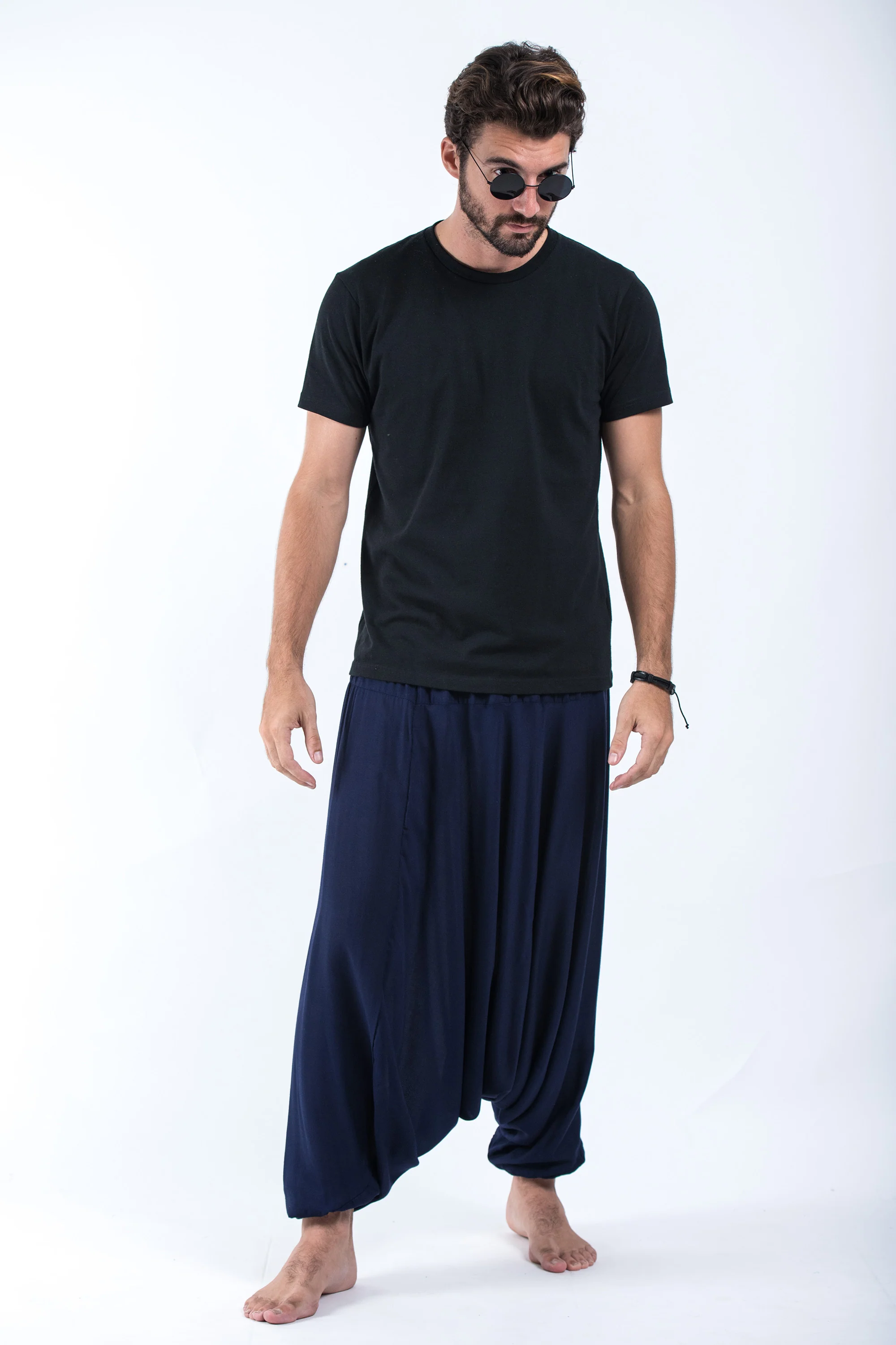 Solid Color Drop Crotch Men's Harem Pants in Blue - Image 4