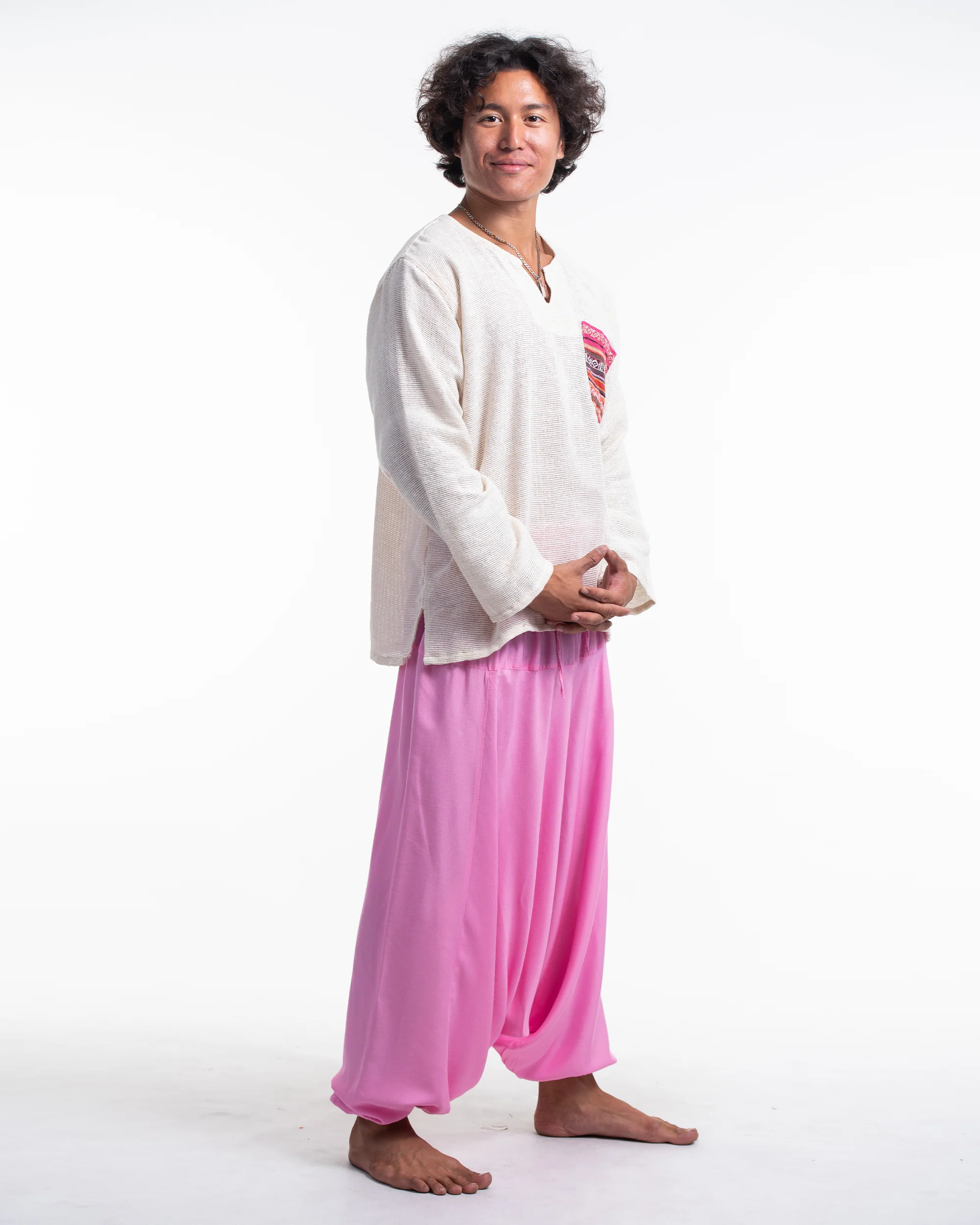 Solid Color Drop Crotch Men's Harem Pants in Light Pink - Image 3