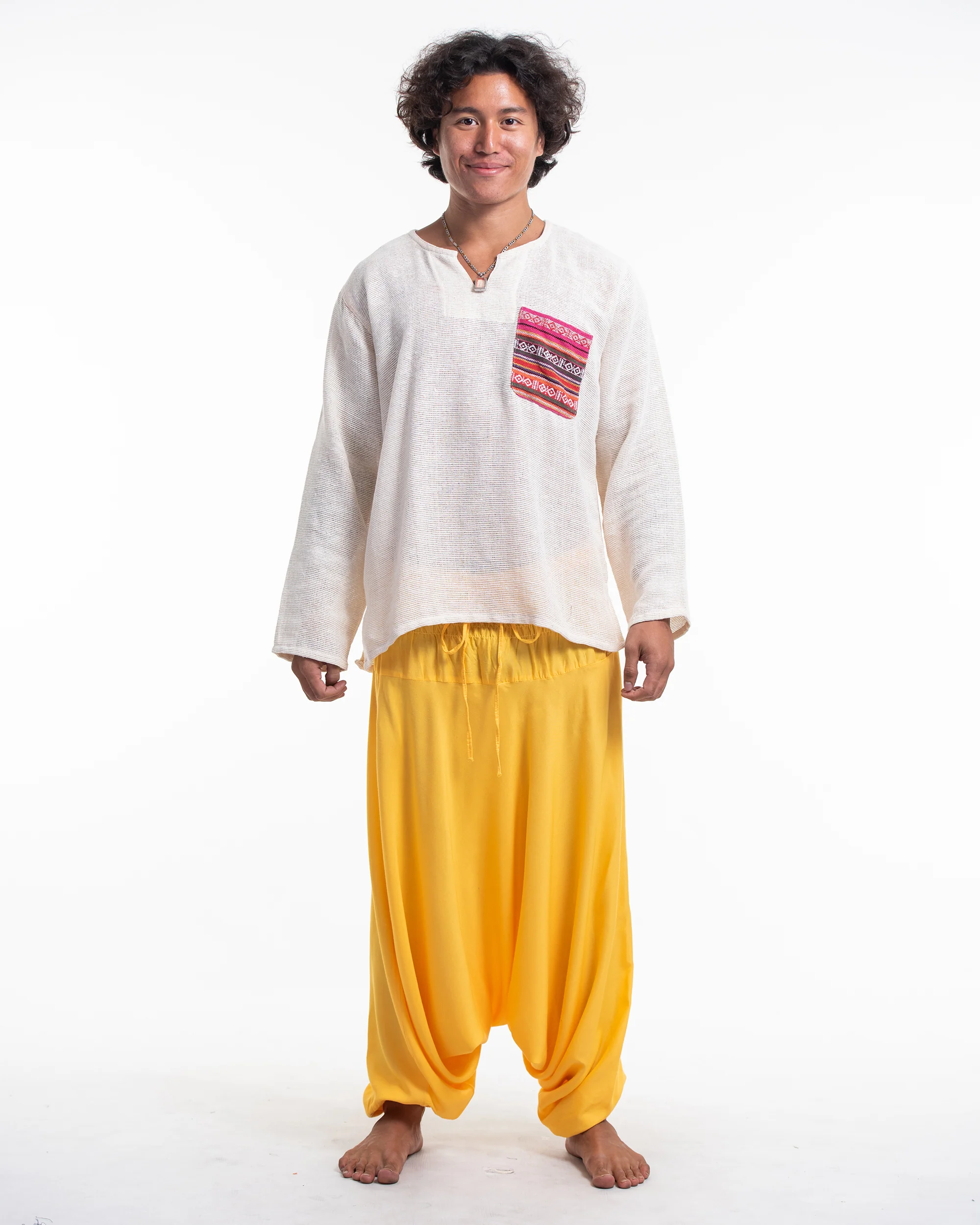 Solid Color Drop Crotch Men's Harem Pants in Light Yellow