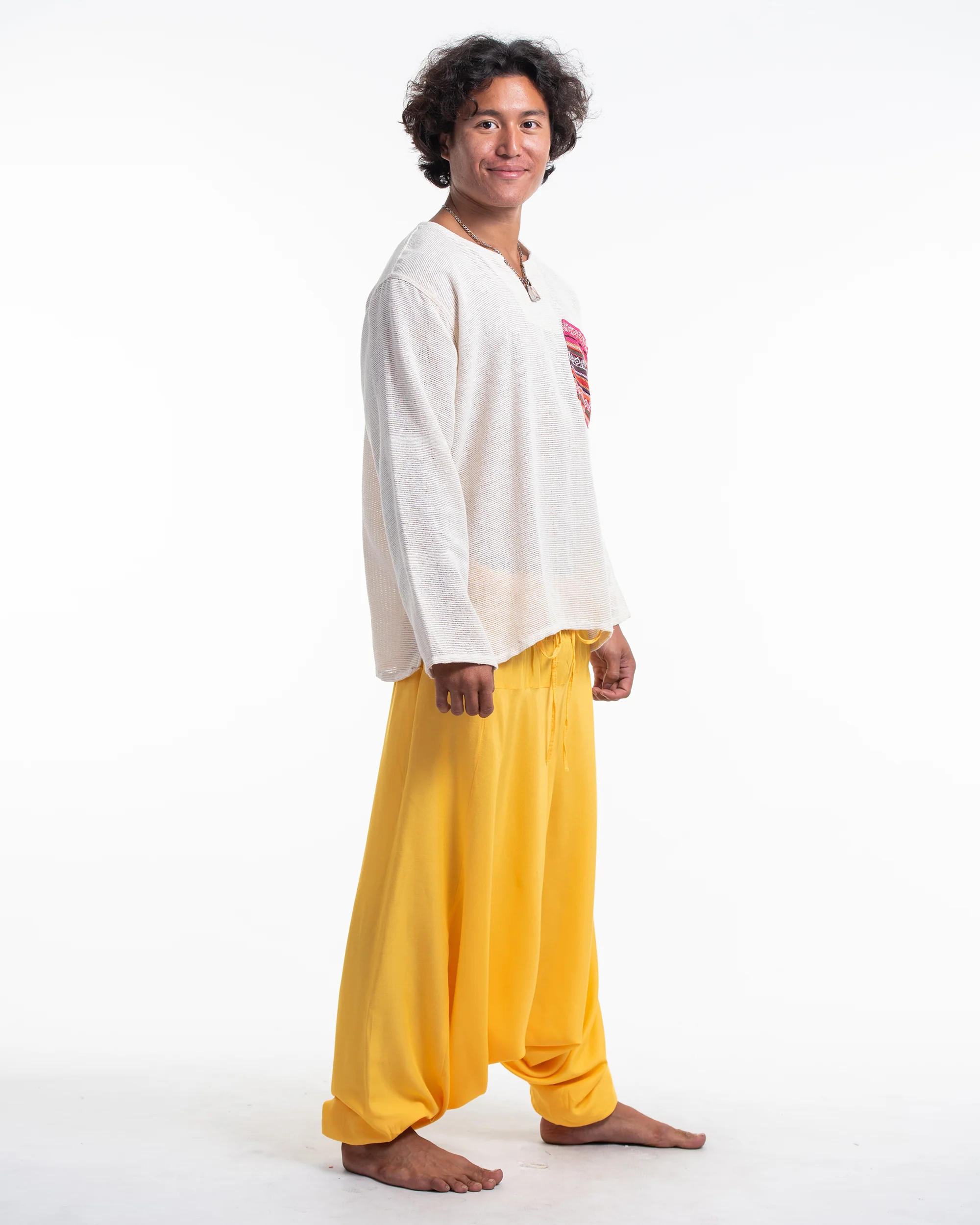 Solid Color Drop Crotch Men's Harem Pants in Light Yellow - Image 3