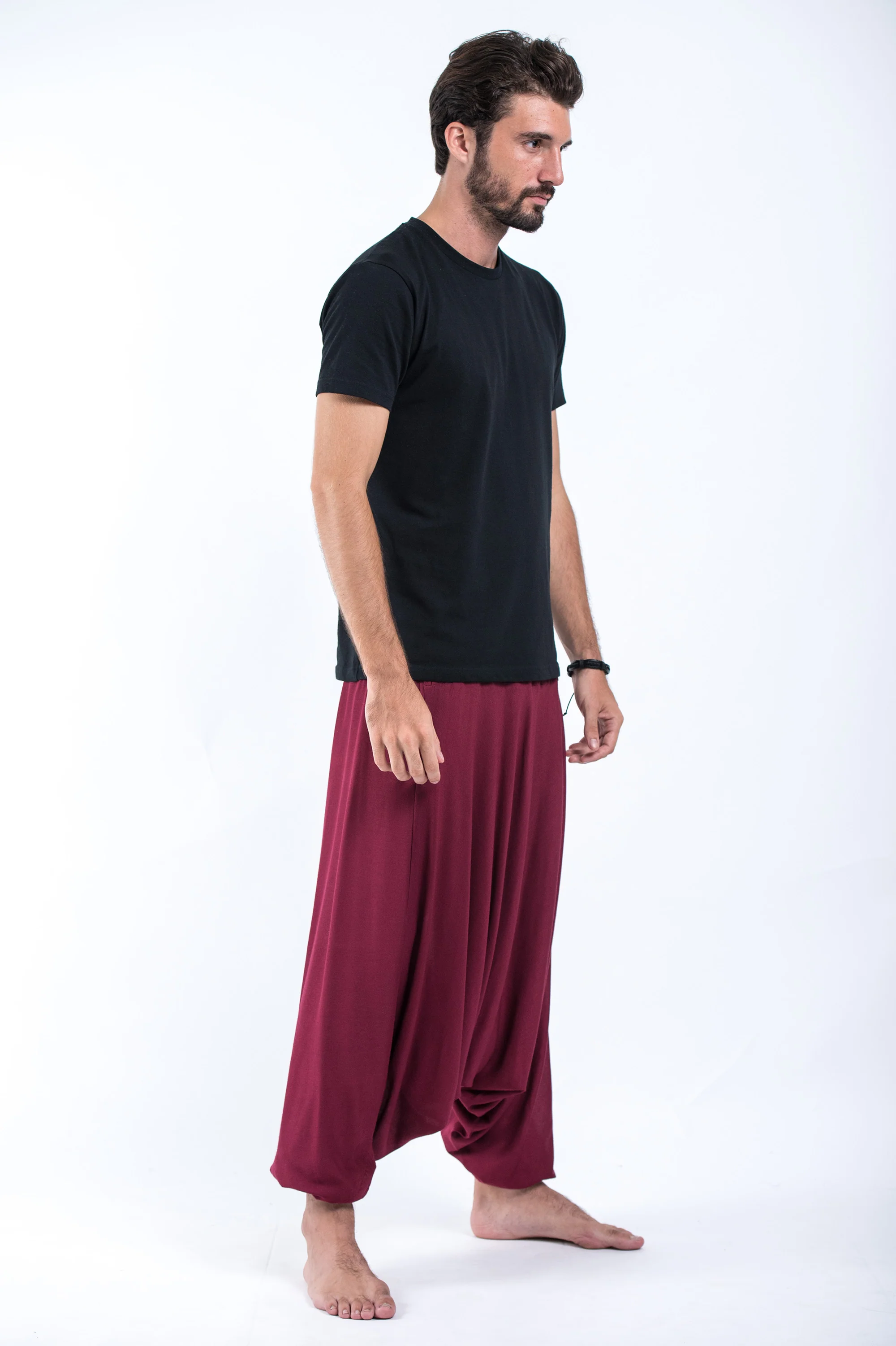 Solid Color Drop Crotch Men's Harem Pants in Red - Image 3
