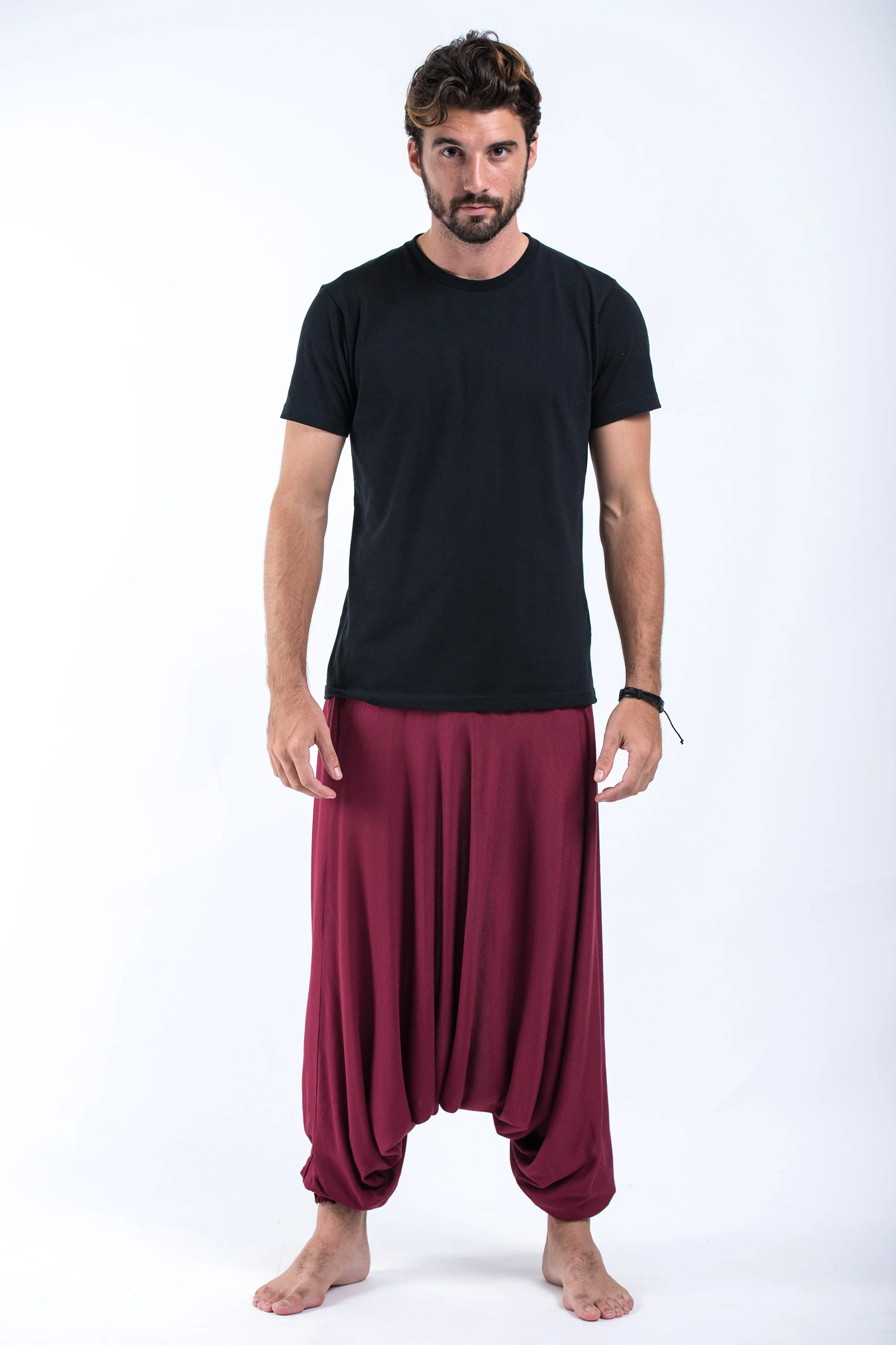 Solid Color Drop Crotch Men's Harem Pants in Red - Image 4