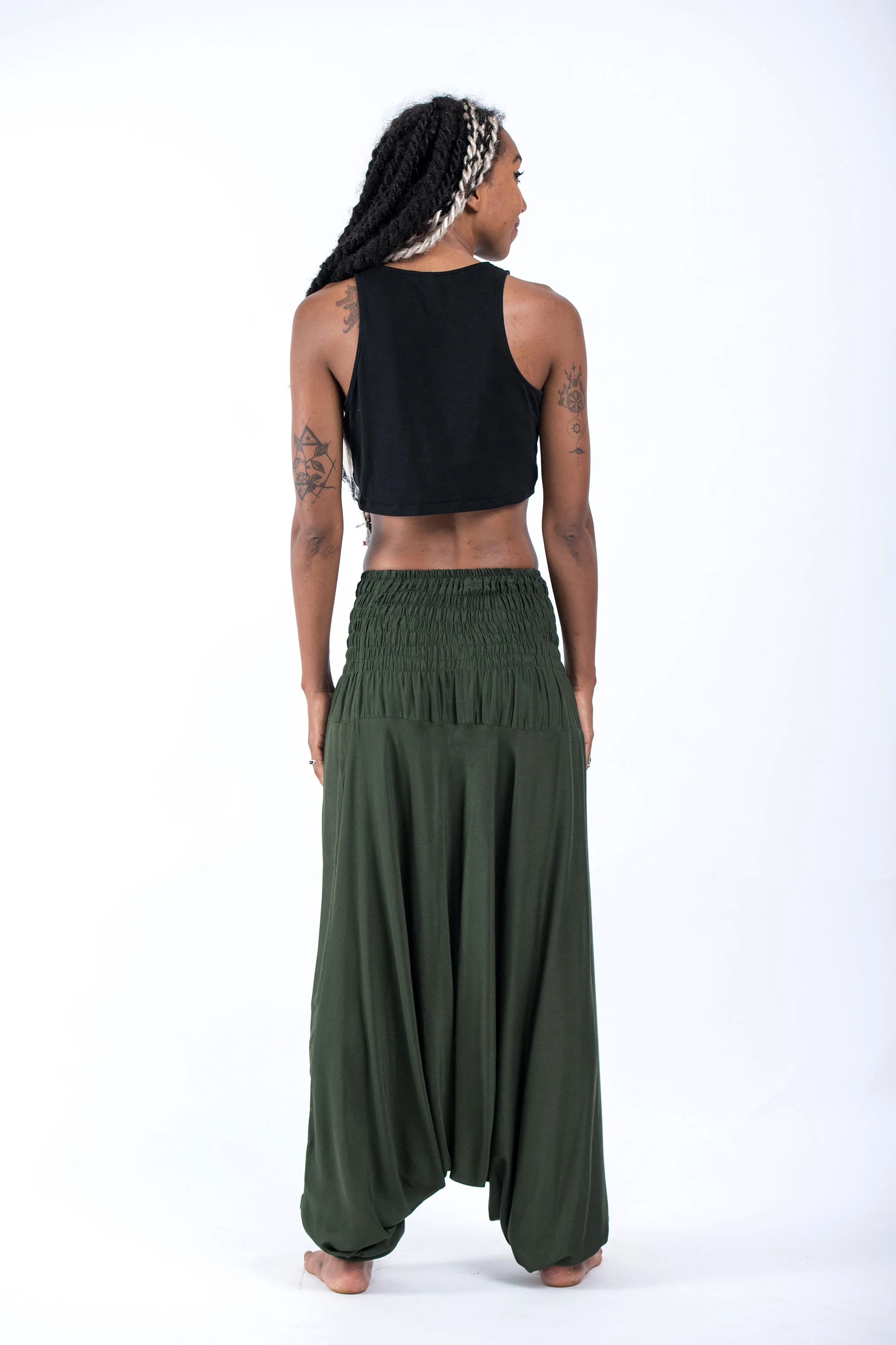 Solid Color 2-in-1 Jumpsuit Harem Pants in Dark Green - Image 4