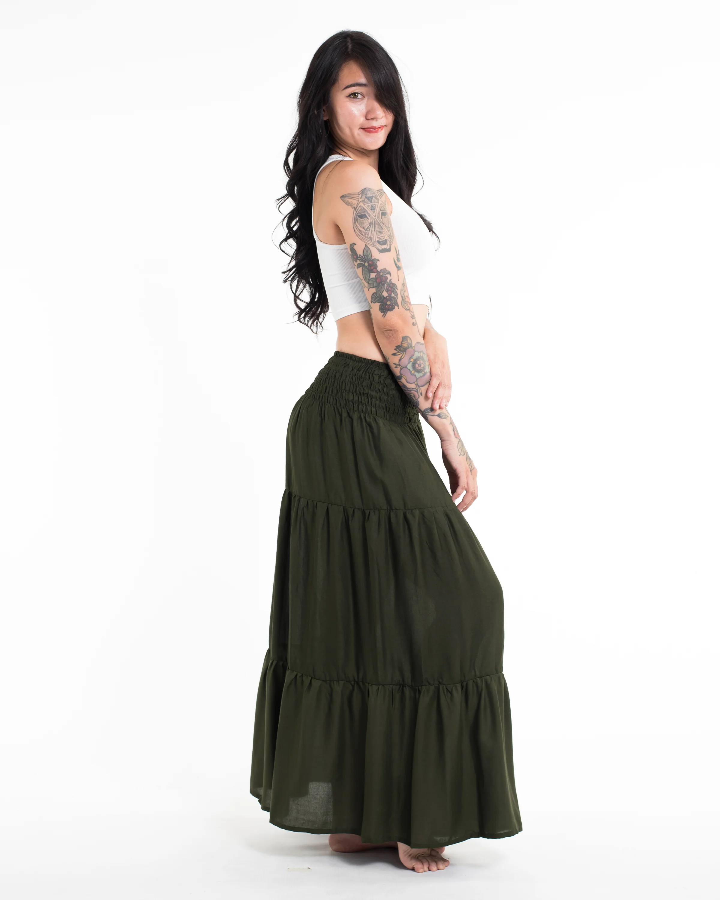 Solid Color Long Skirt in Dark Green - Image 2