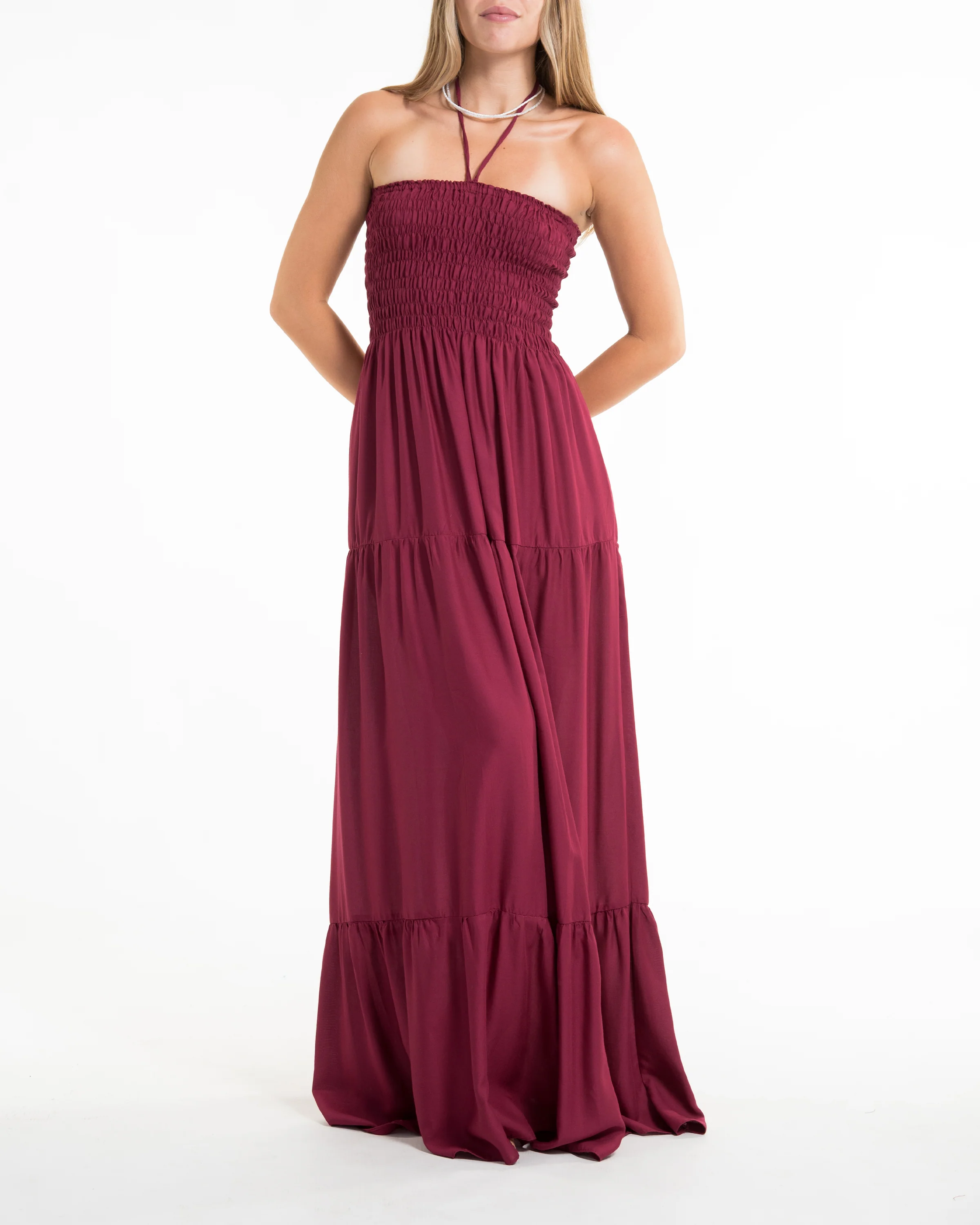 Solid Color Smocked Maxi Dress in Red - Image 2