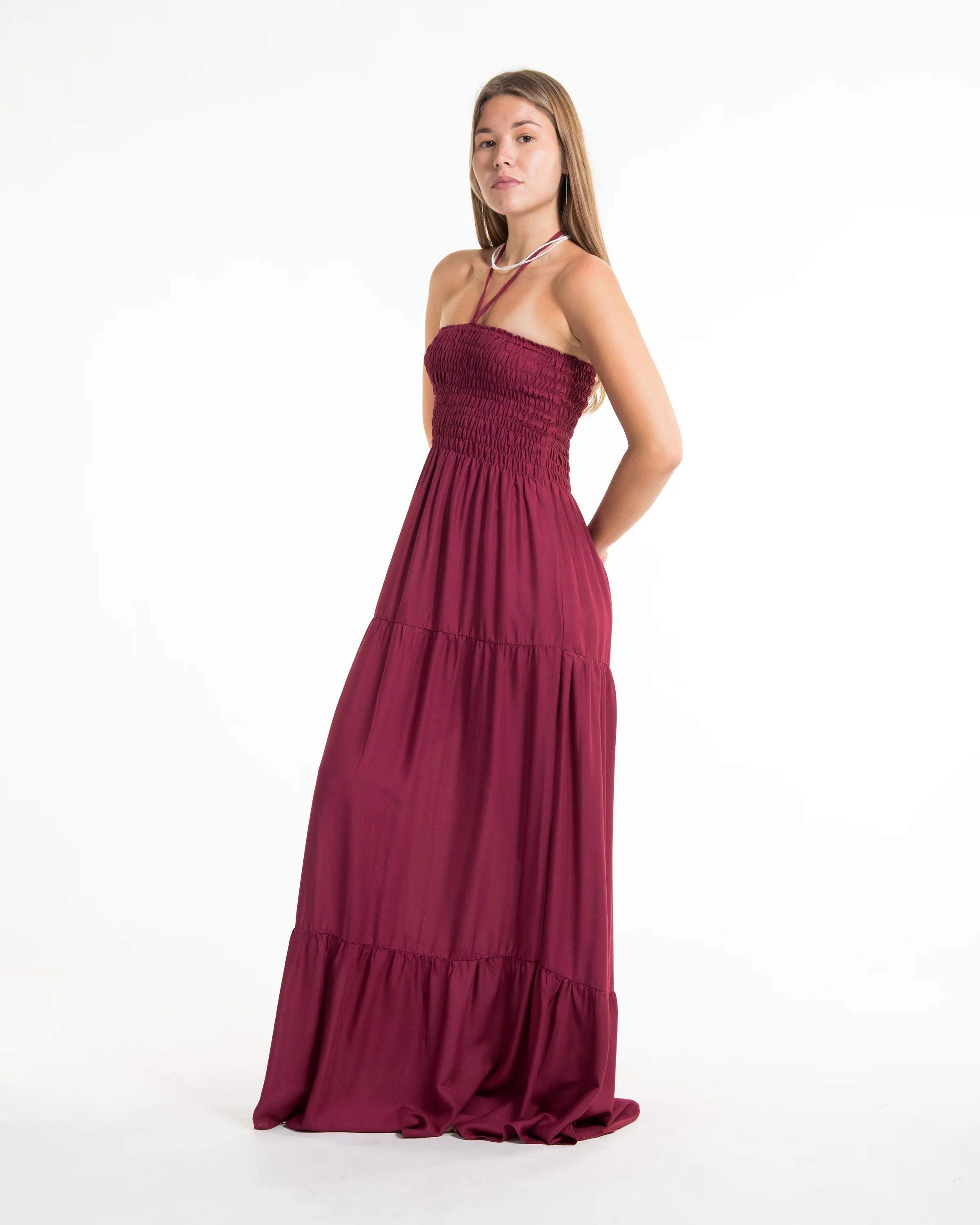 Solid Color Smocked Maxi Dress in Red - Image 3