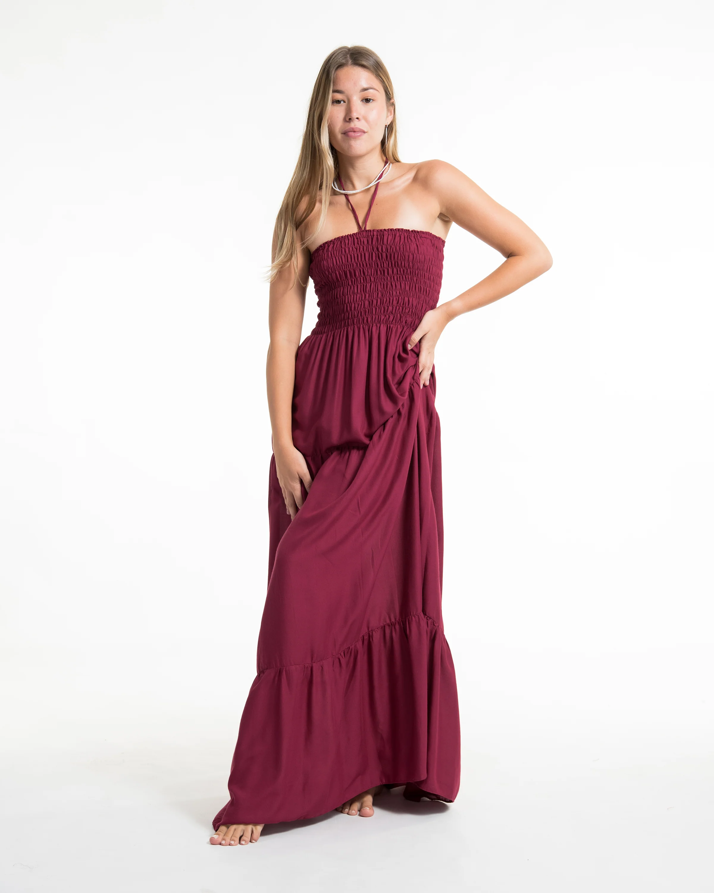 Solid Color Smocked Maxi Dress in Red - Image 5