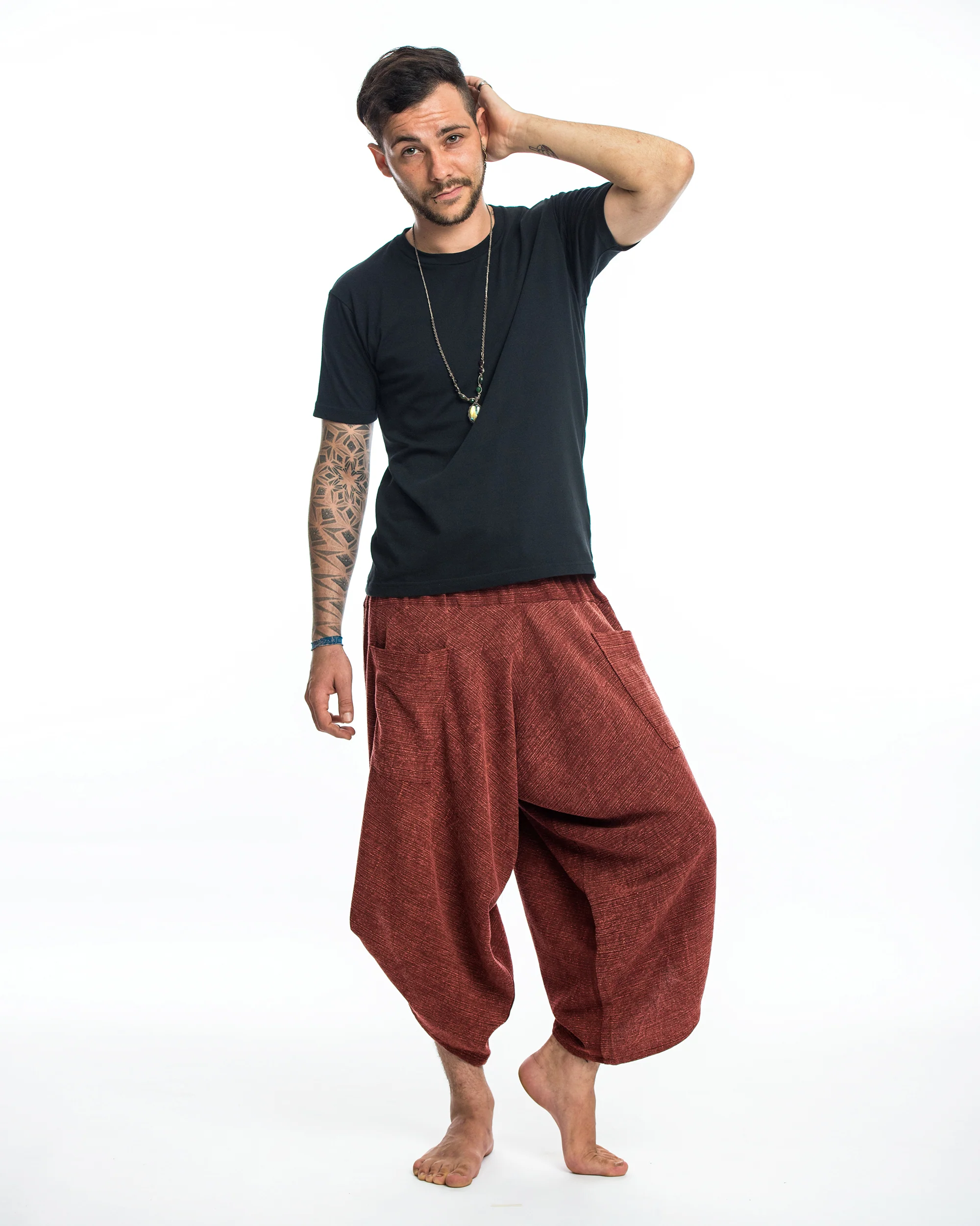 Stone Washed Large Pockets Men's Harem Pants in Brick