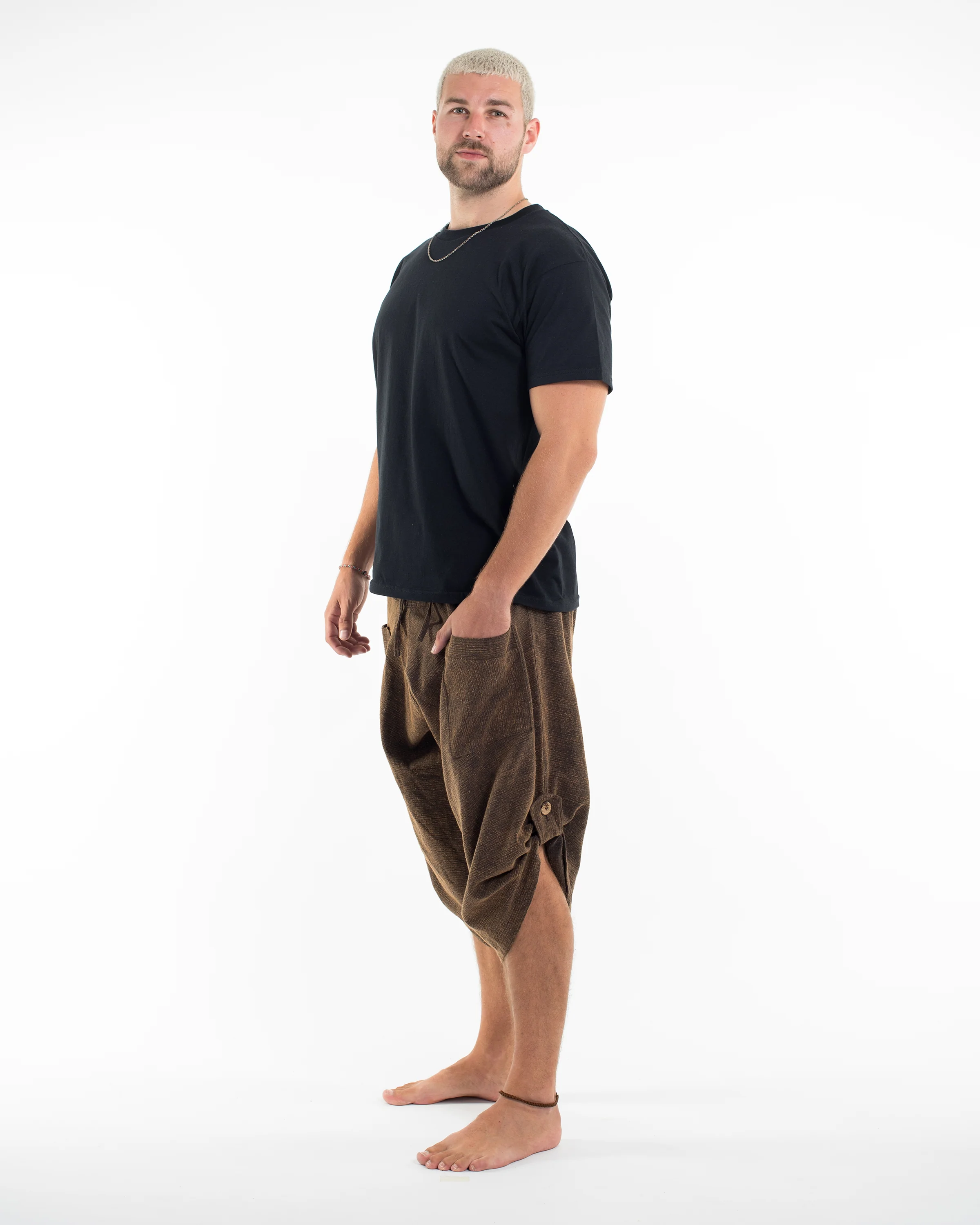 Stone Washed Large Pockets Men's Harem Pants in Brown - Image 3