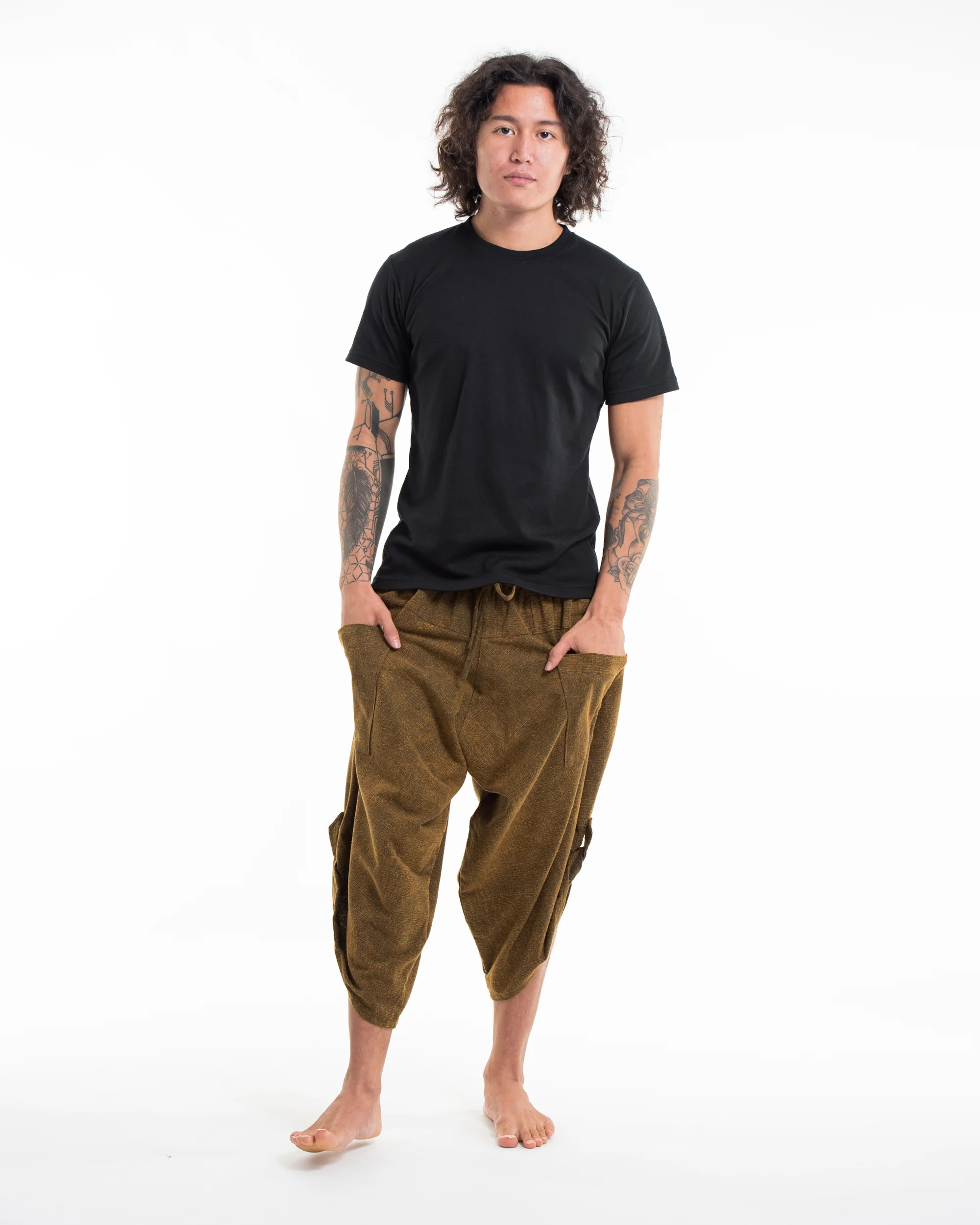 Stone Washed Large Pockets Men's Harem Pants in Brown Gold