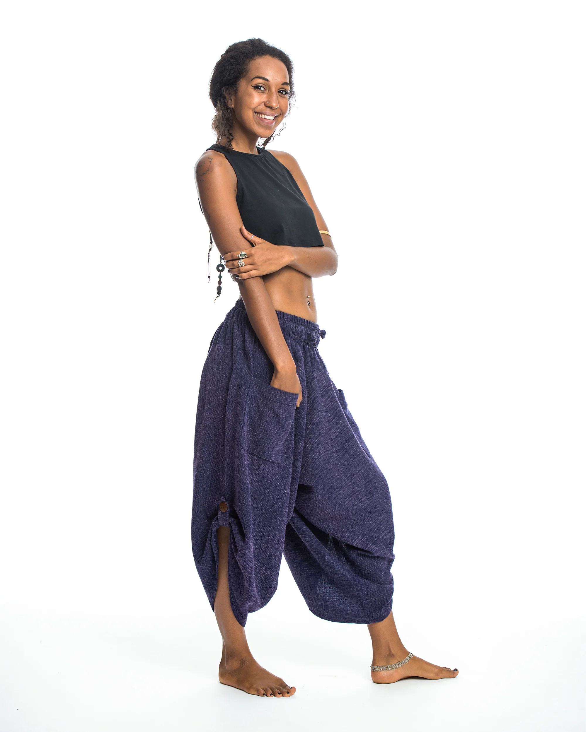 Stone Washed Large Pockets Women's Harem Pants in Blue - Image 3