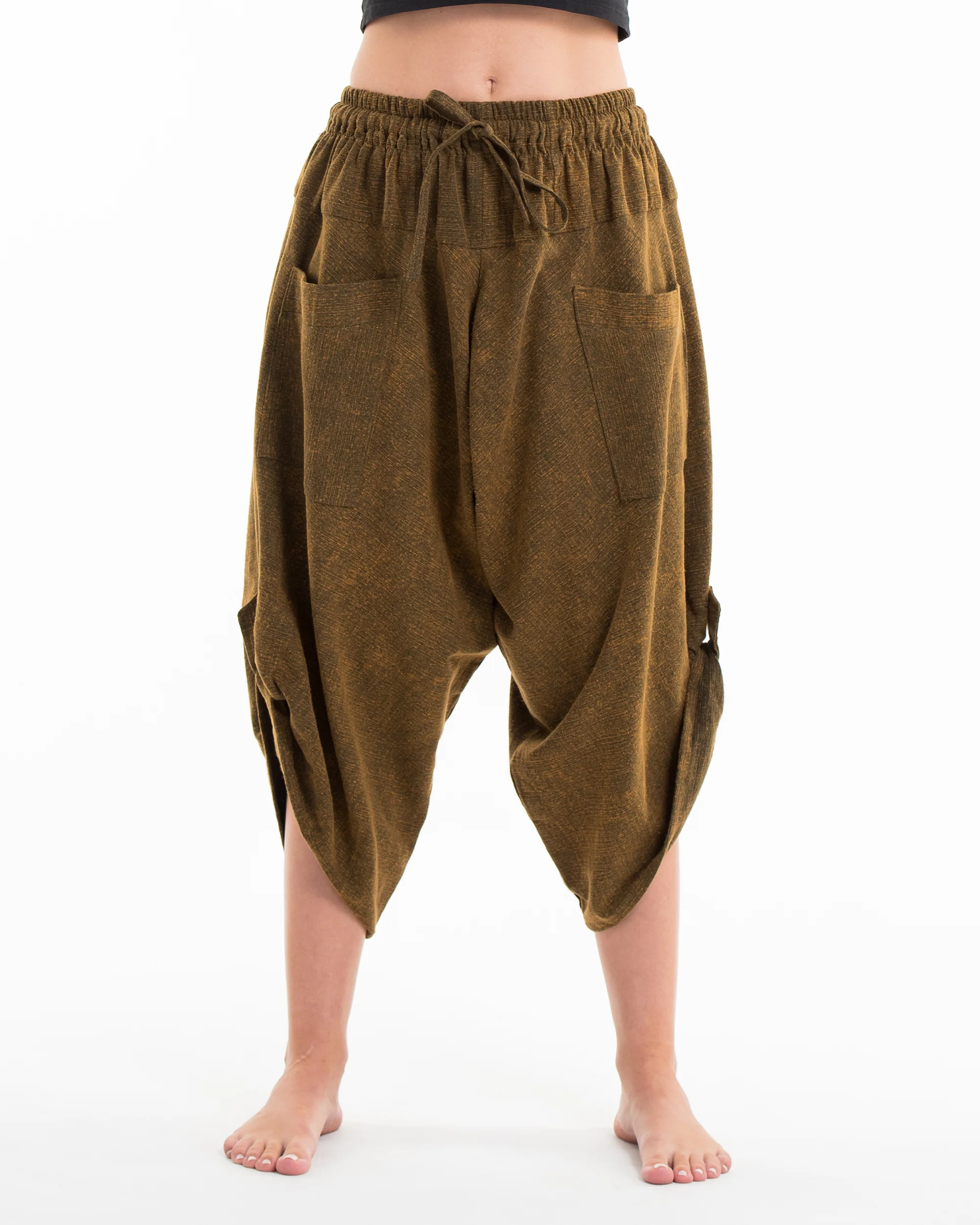Stone Washed Large Pockets Women's Harem Pants in Brown Gold - Image 2